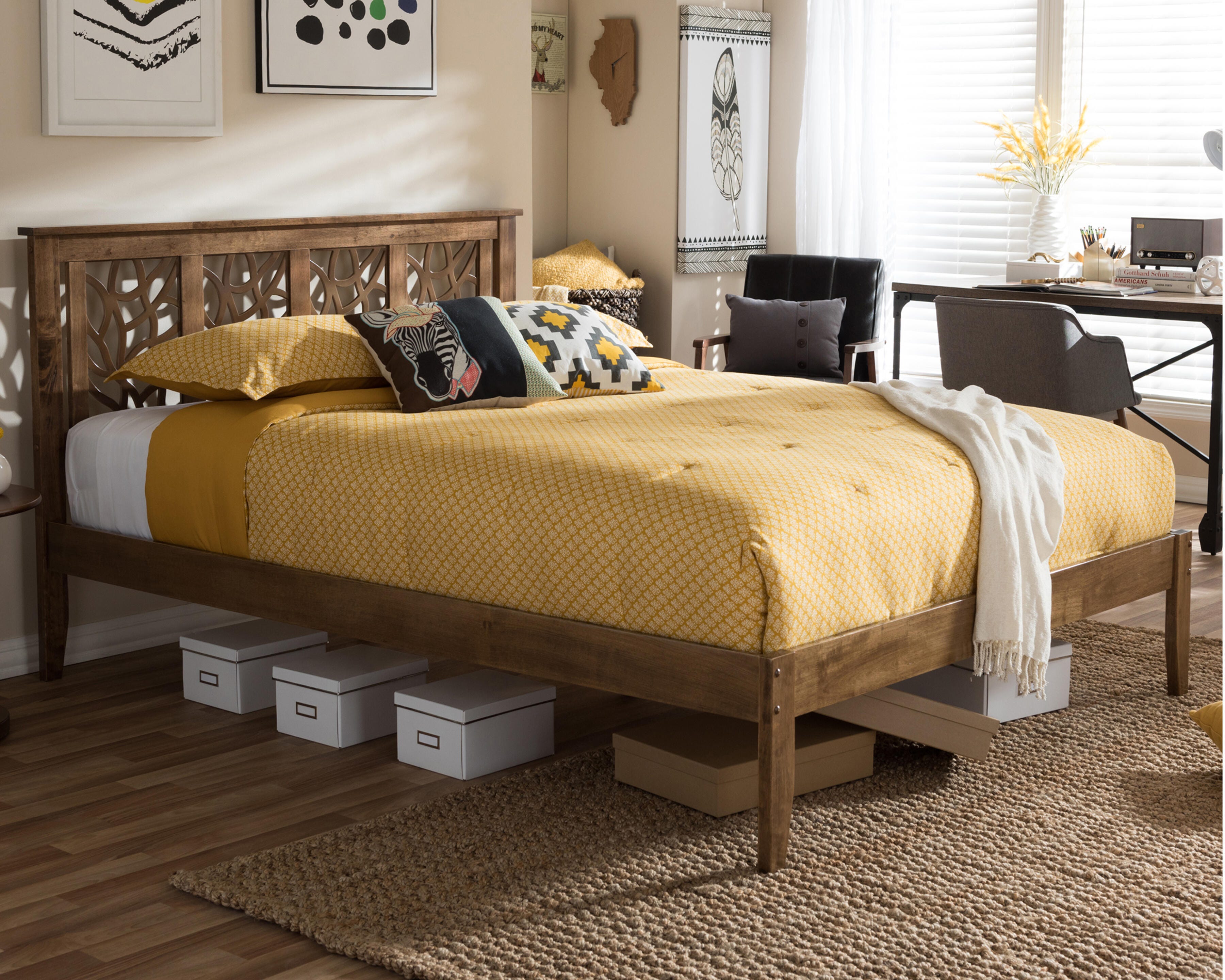 Tree Branch Design Wood King Size Platform Bed, Walnut, rollover