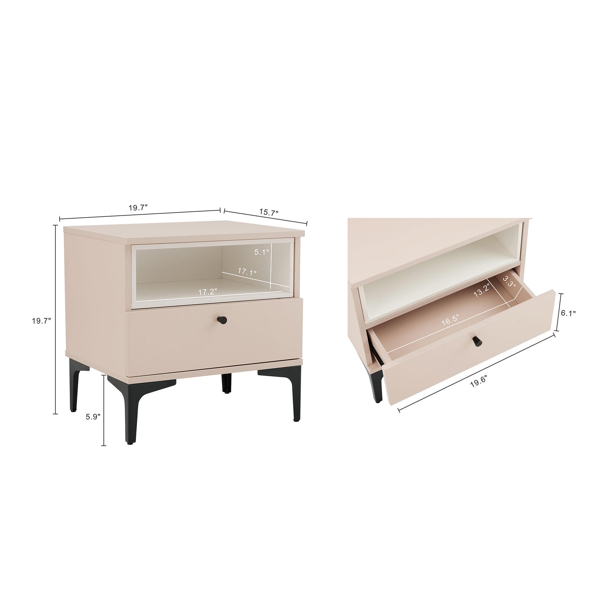 Manhattan Comfort Amara 20" 1 Drawer Nightstand (Set of 2), Pale Rose/White, large