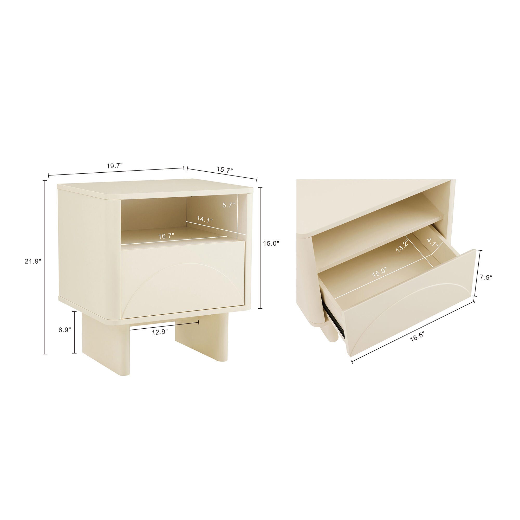 Manhattan Comfort Ella 20" 1 Drawer Nightstand (Set of 2), Cream, large