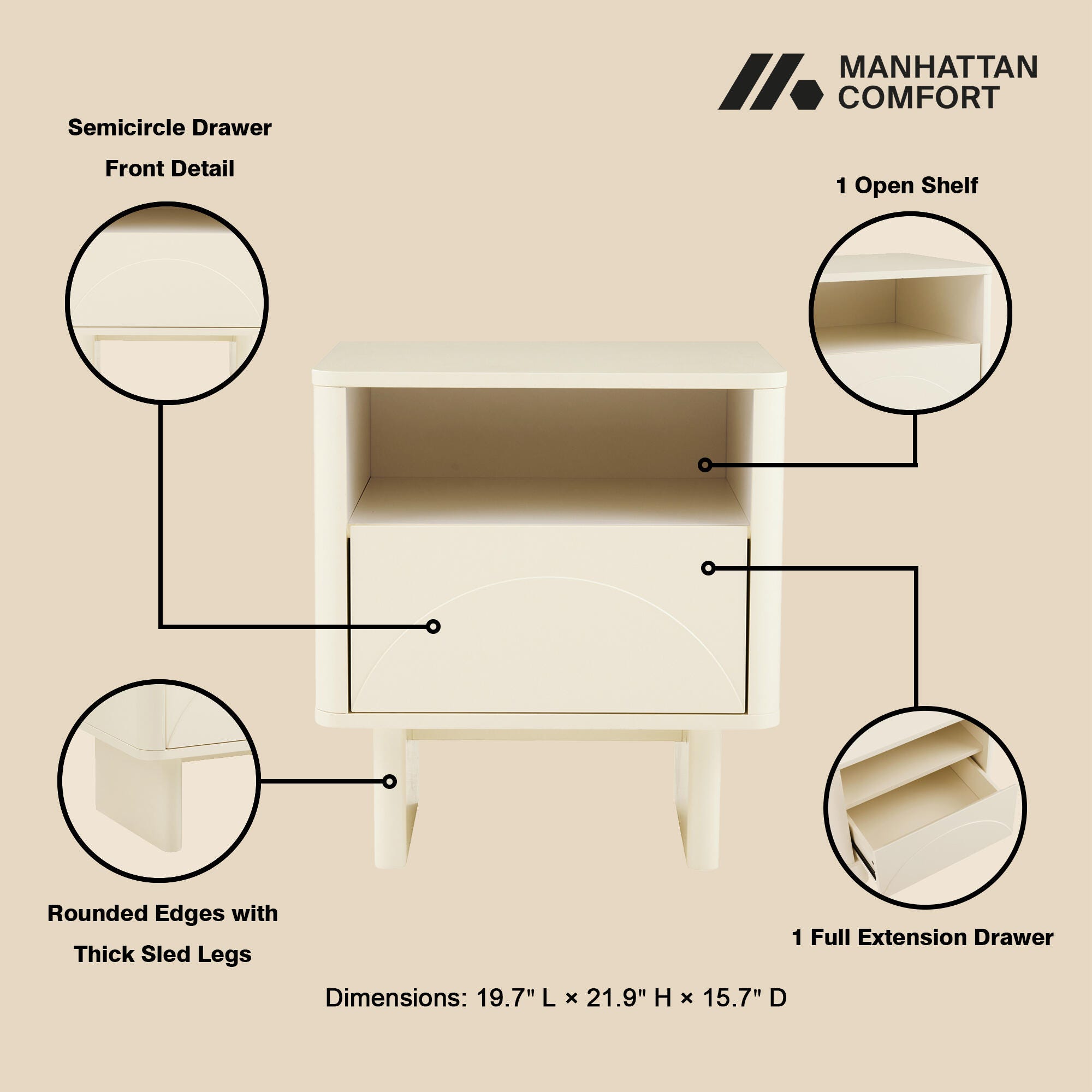 Manhattan Comfort Ella 20" 1 Drawer Nightstand (Set of 2), Cream, large
