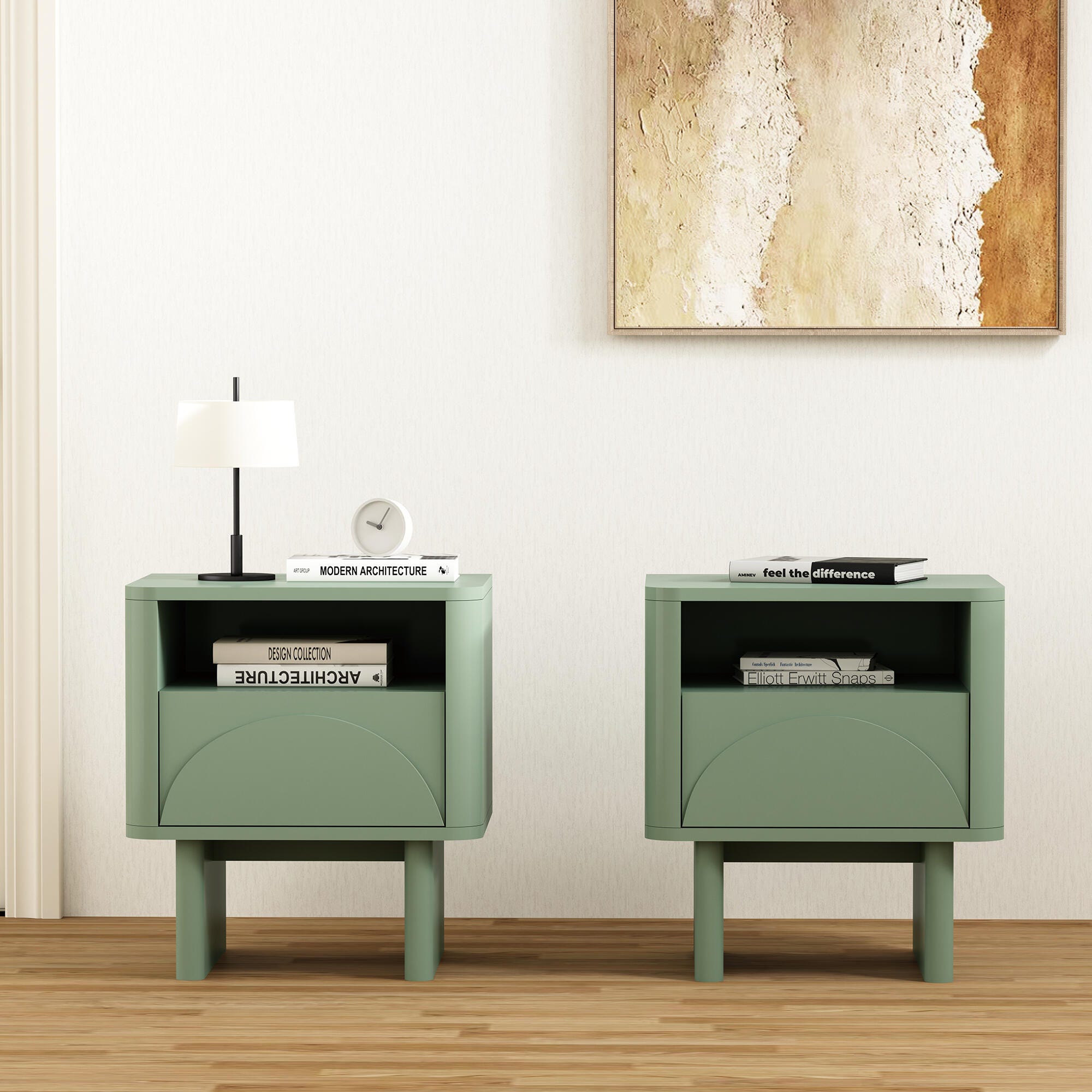 Manhattan Comfort Ella 20" 1 Drawer Nightstand (Set of 2), Sage Green, rollover