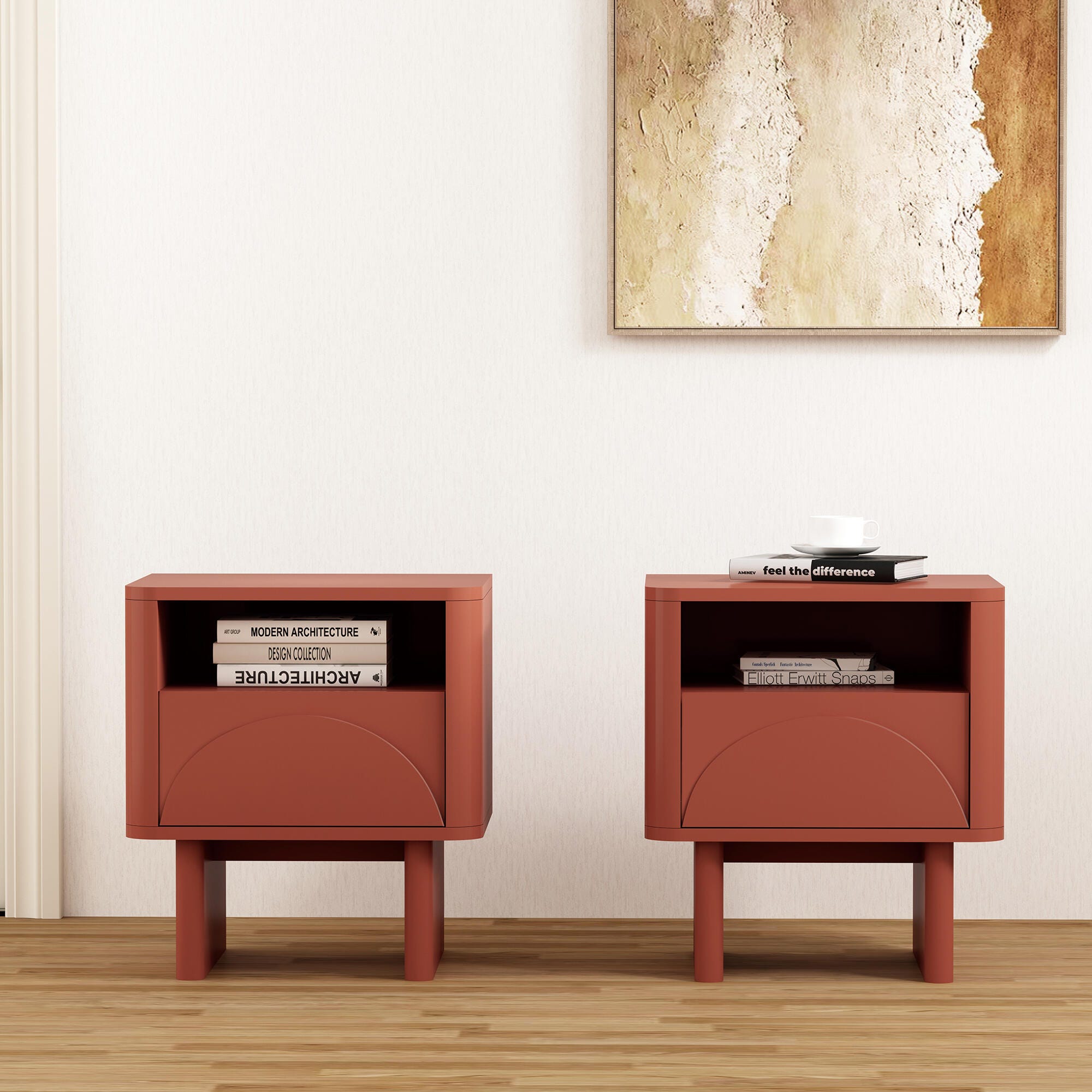 Manhattan Comfort Ella 20" 1 Drawer Nightstand (Set of 2), Terracotta, rollover