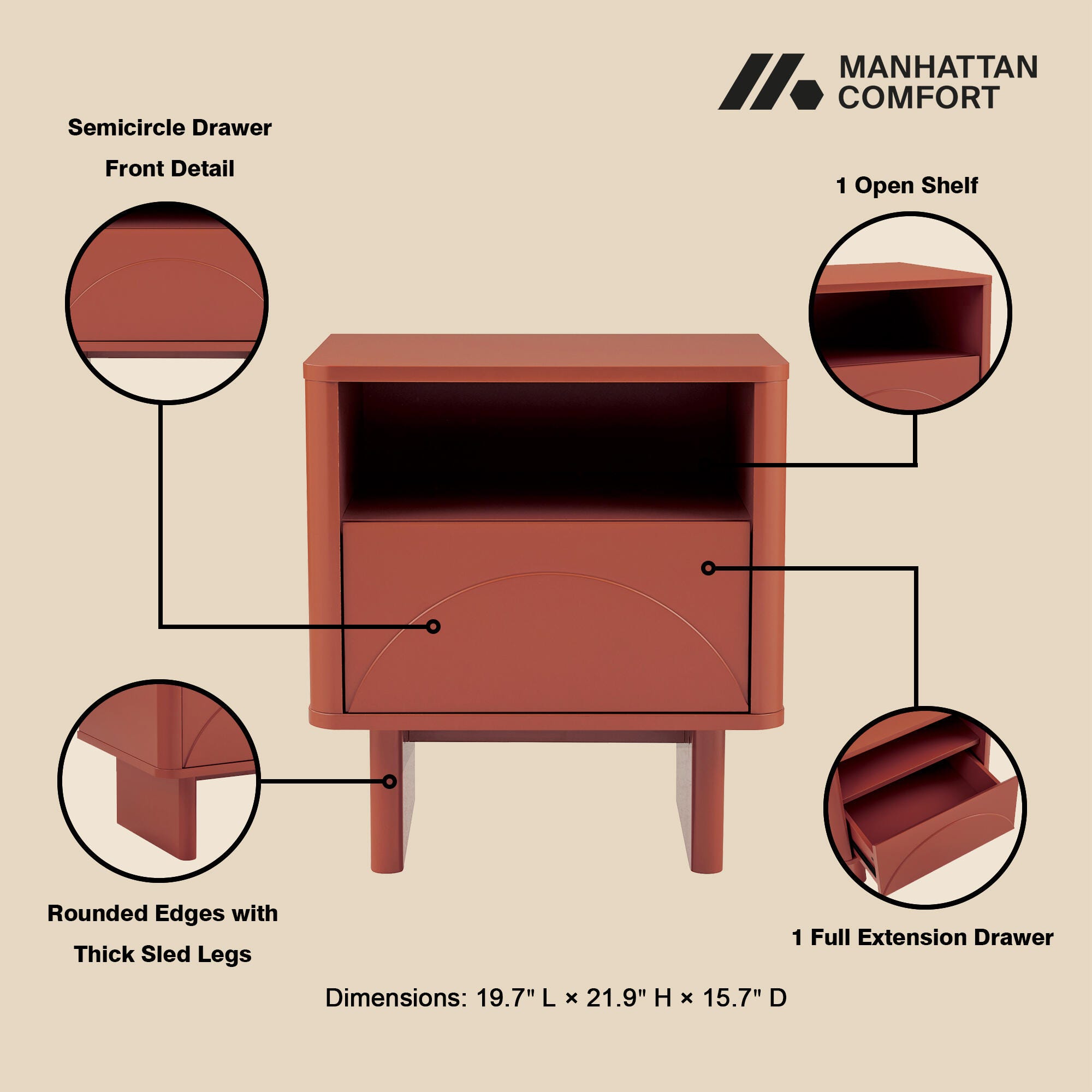 Manhattan Comfort Ella 20" 1 Drawer Nightstand (Set of 2), Terracotta, large