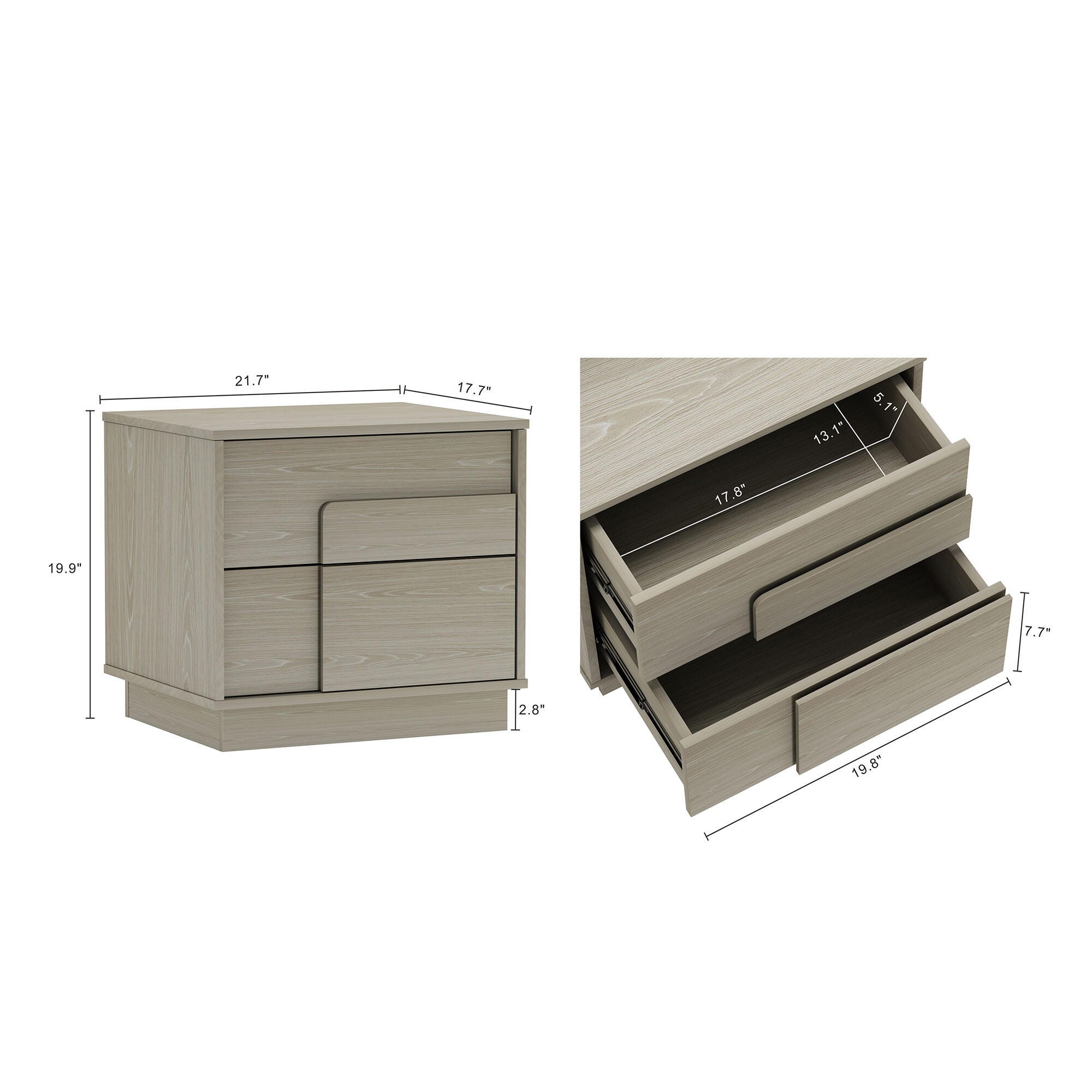 Manhattan Comfort Horizon 22" 2 Drawer Nightstand (Set of 2), White Washed Oak, large