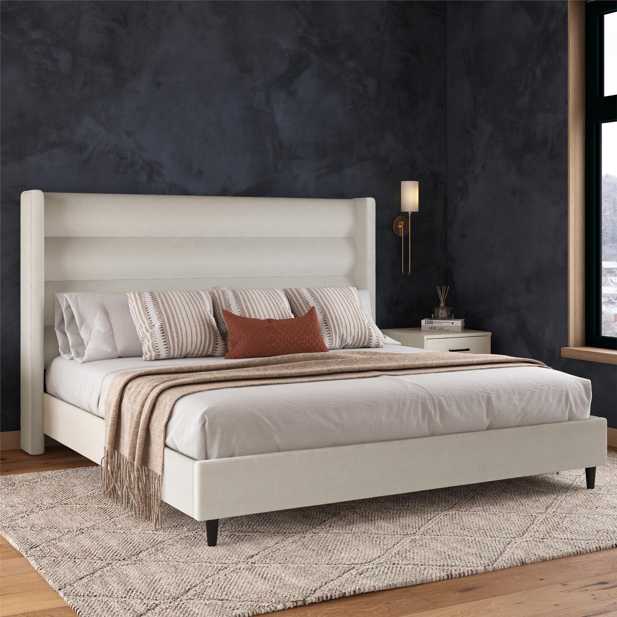 Novogratz Louis King Upholstered Bed Frame with Tufted Headboard, Ivory, rollover