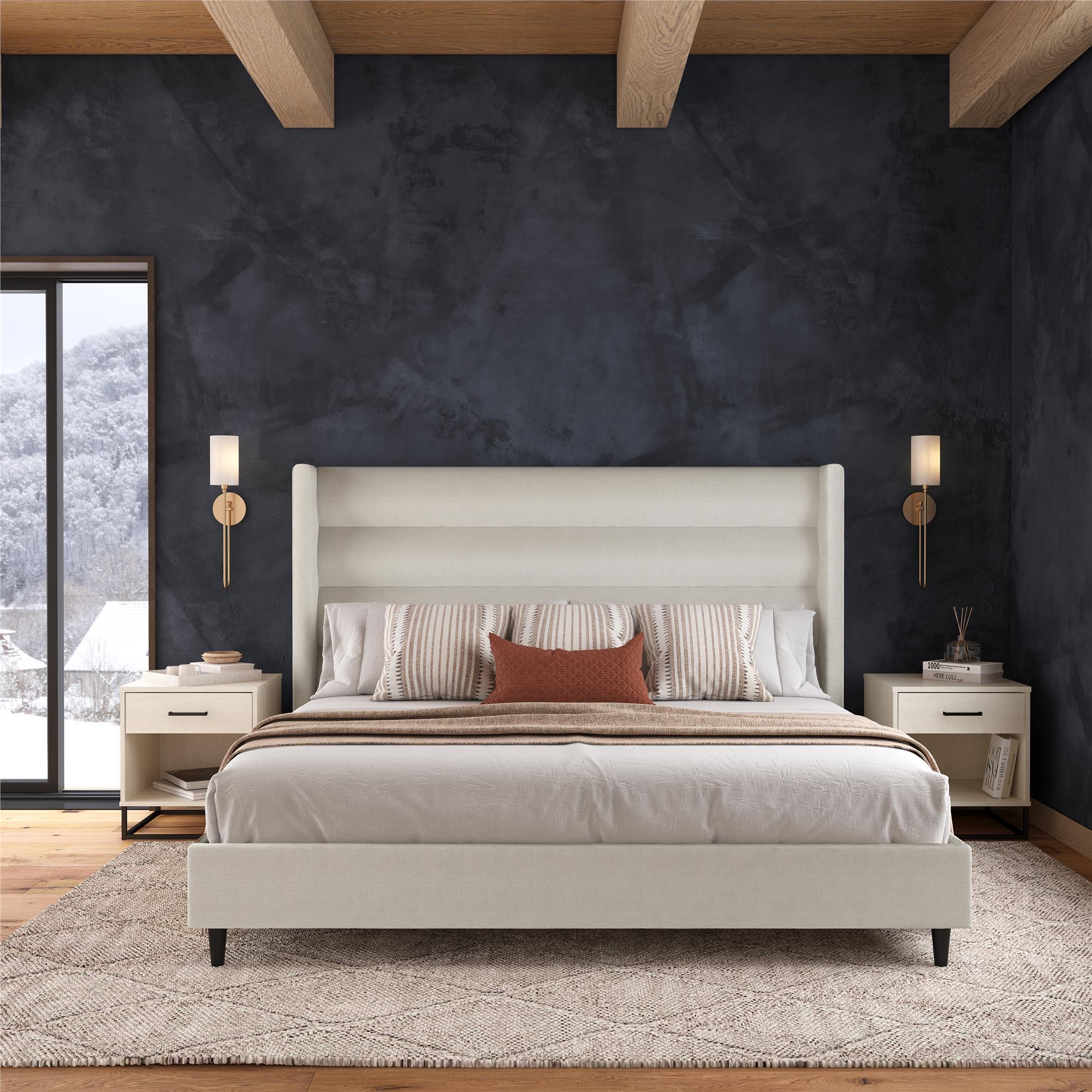 Novogratz Louis King Upholstered Bed Frame with Tufted Headboard, Ivory, large