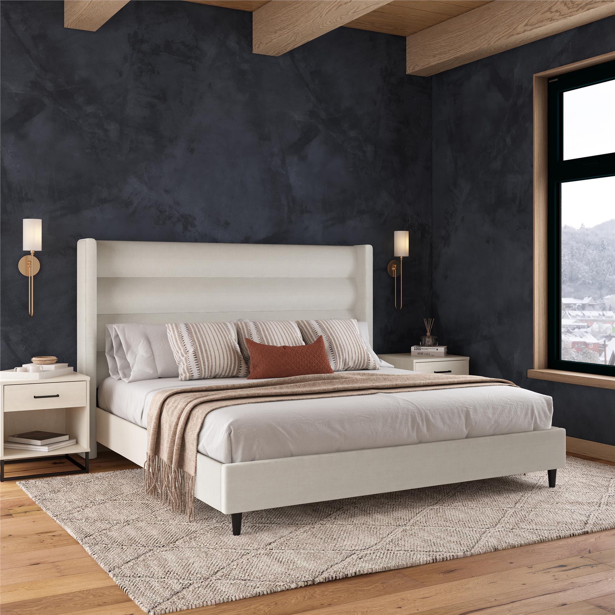 Novogratz Louis King Upholstered Bed Frame with Tufted Headboard, Ivory, large
