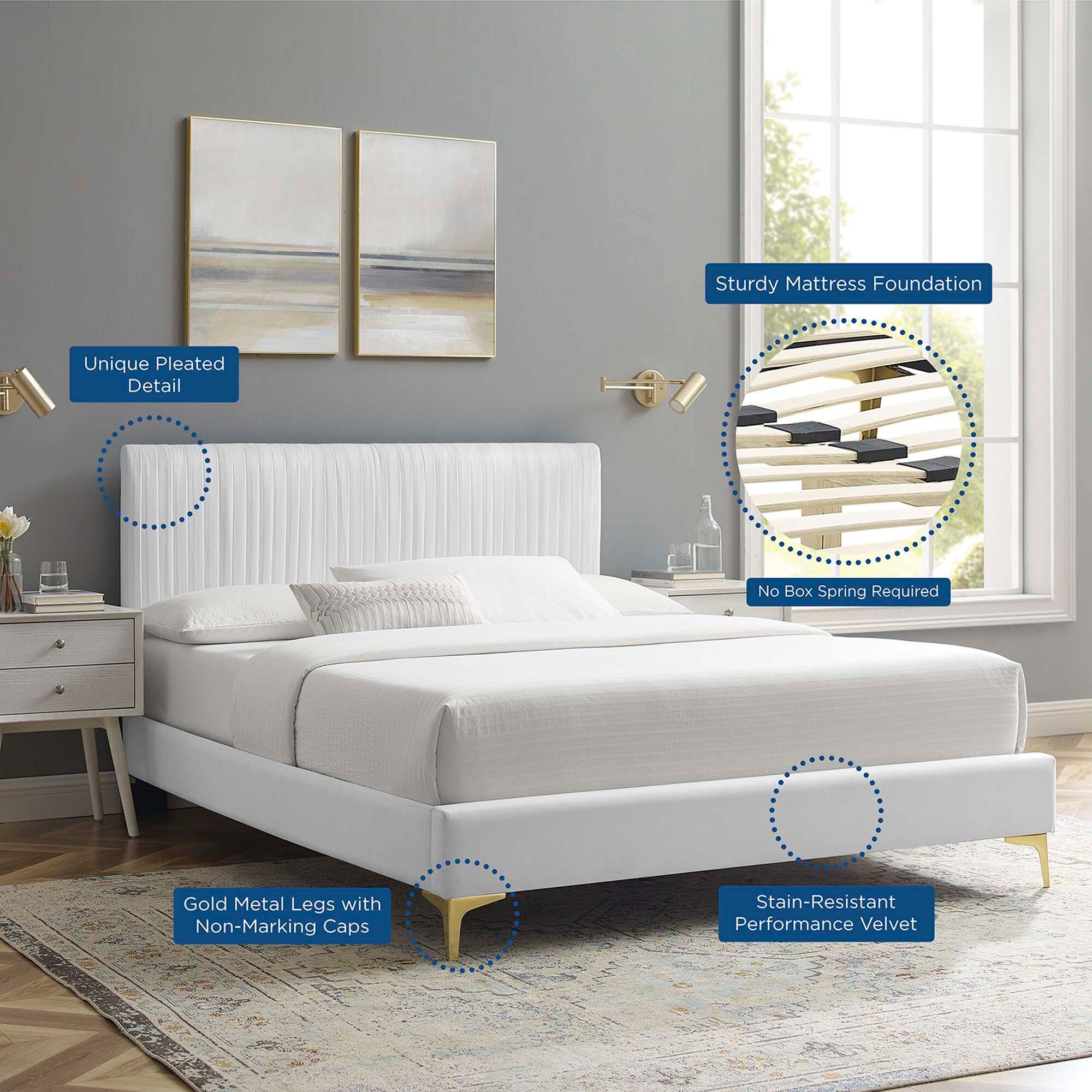 Modway Peyton Queen Platform Bed with Gold Metal legs, White, large