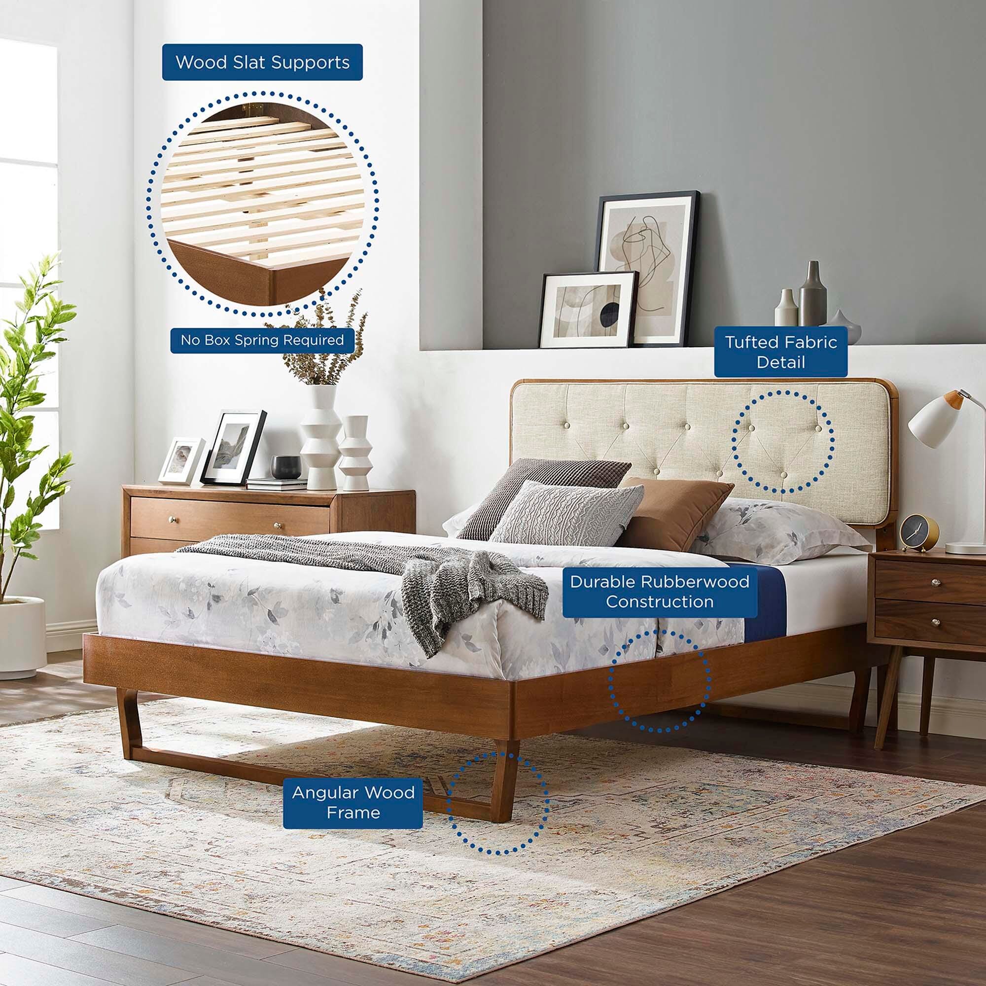 Modway Bridgette Queen Platform Bed With Angular Frame, Walnut/Beige, large