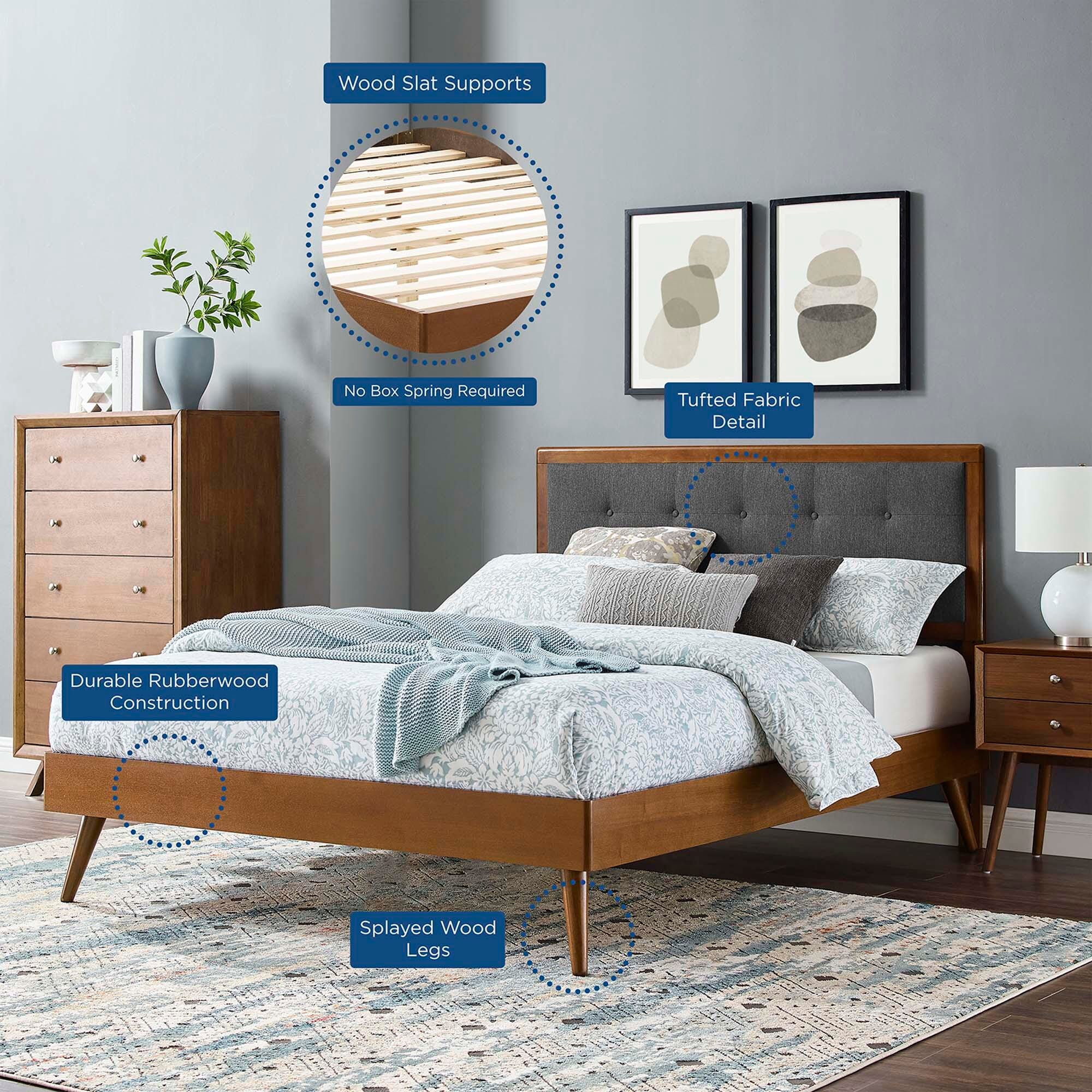 Modway Willow Queen Platform Bed With Splayed Legs, Walnut/Charcoal, large