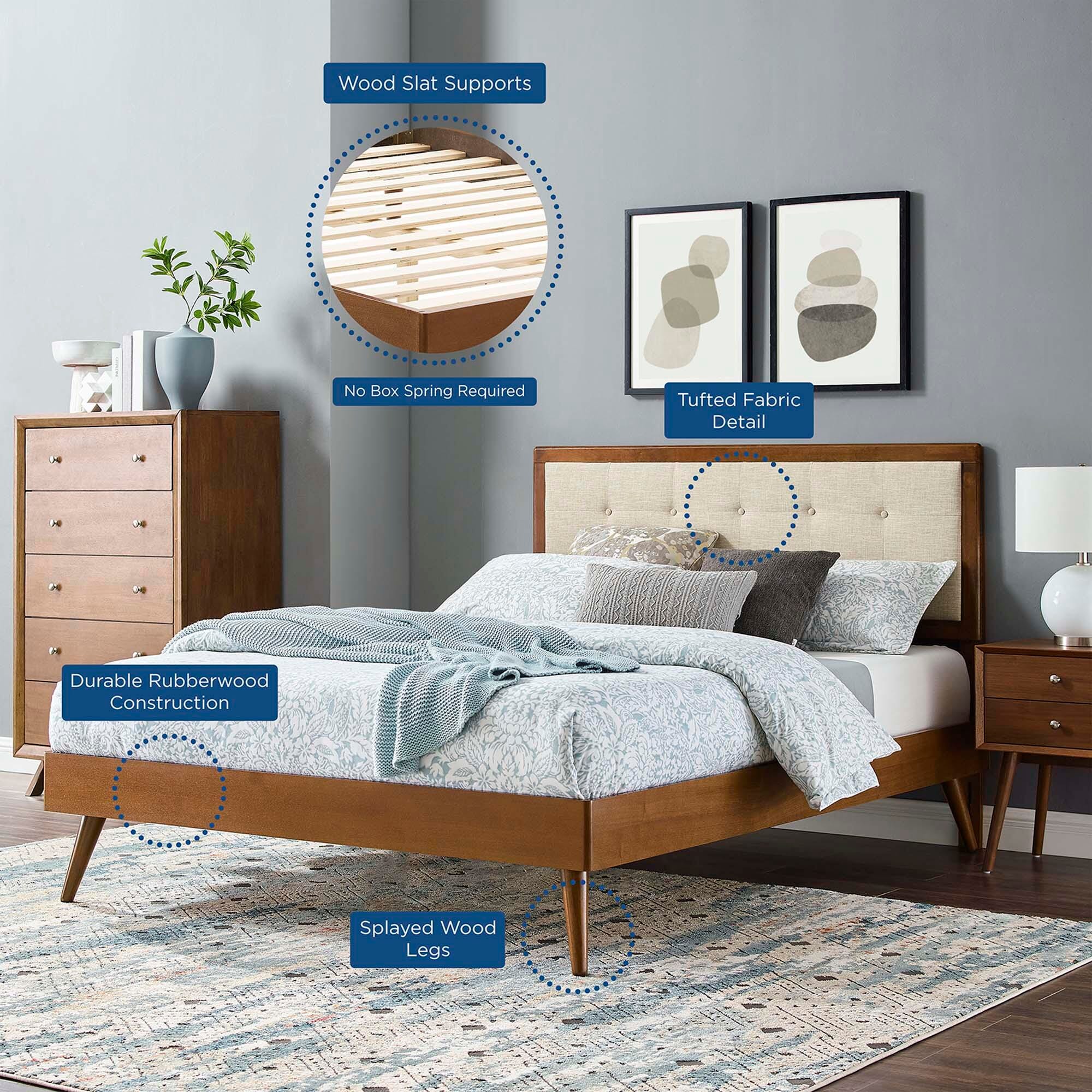 Modway Willow Full Platform Bed With Splayed Legs, Walnut/Beige, large