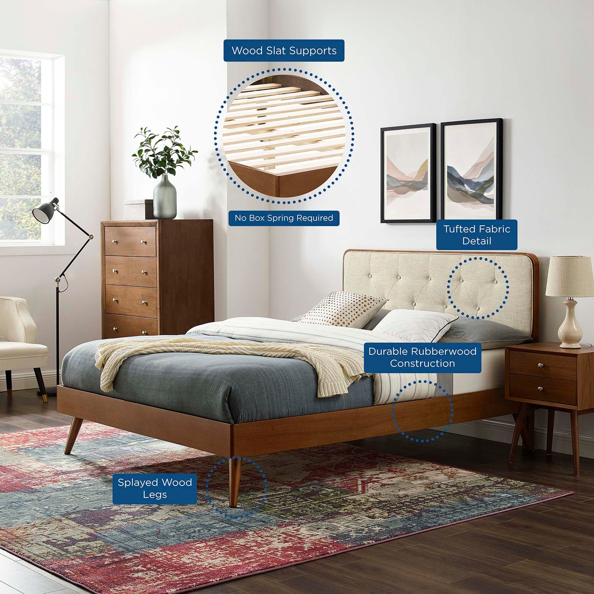 Modway Bridgette King Platform Bed With Splayed Legs, Walnut/Beige, large
