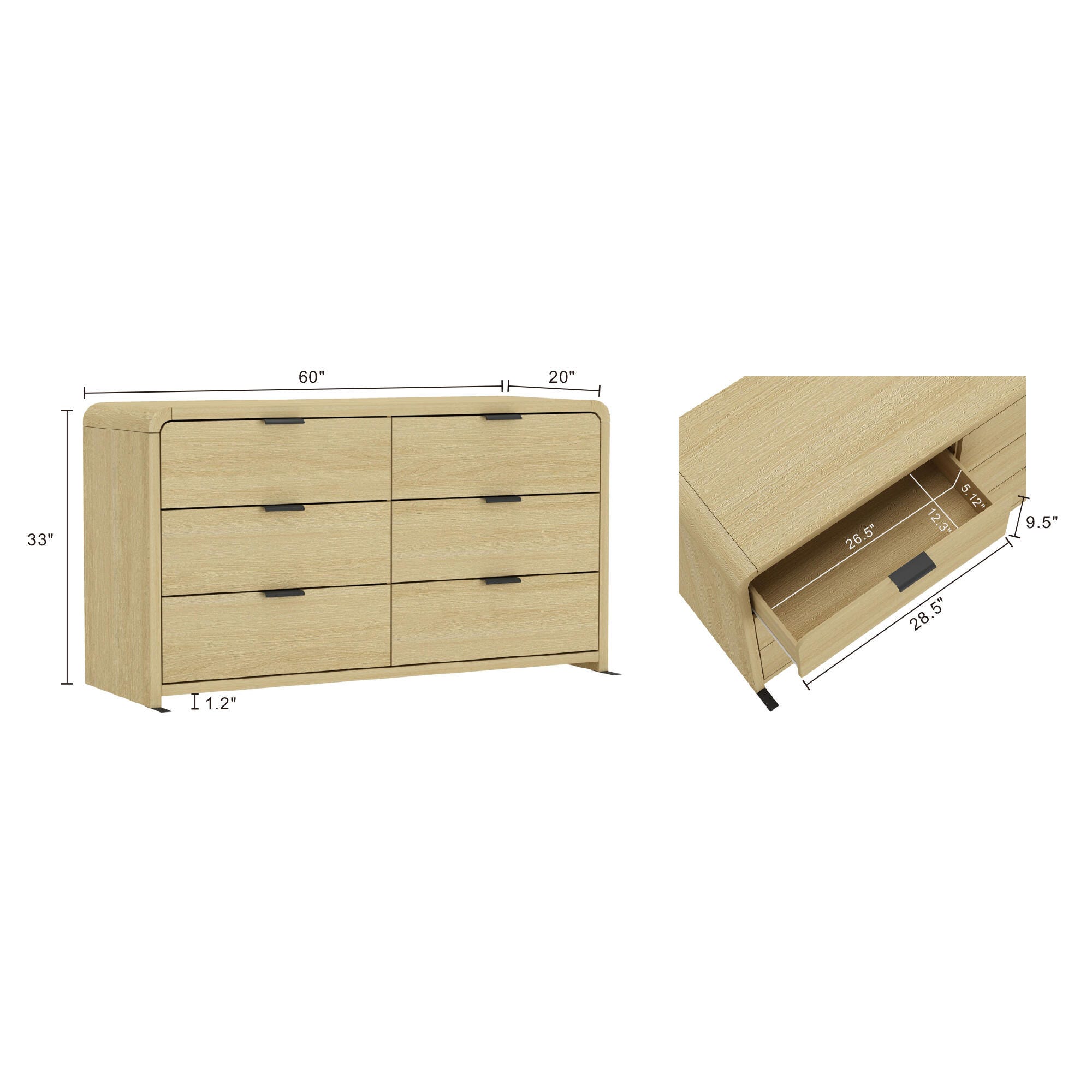 Manhattan Comfort Grace 60" 6 Drawers Double Dresser, Natural/Black, large