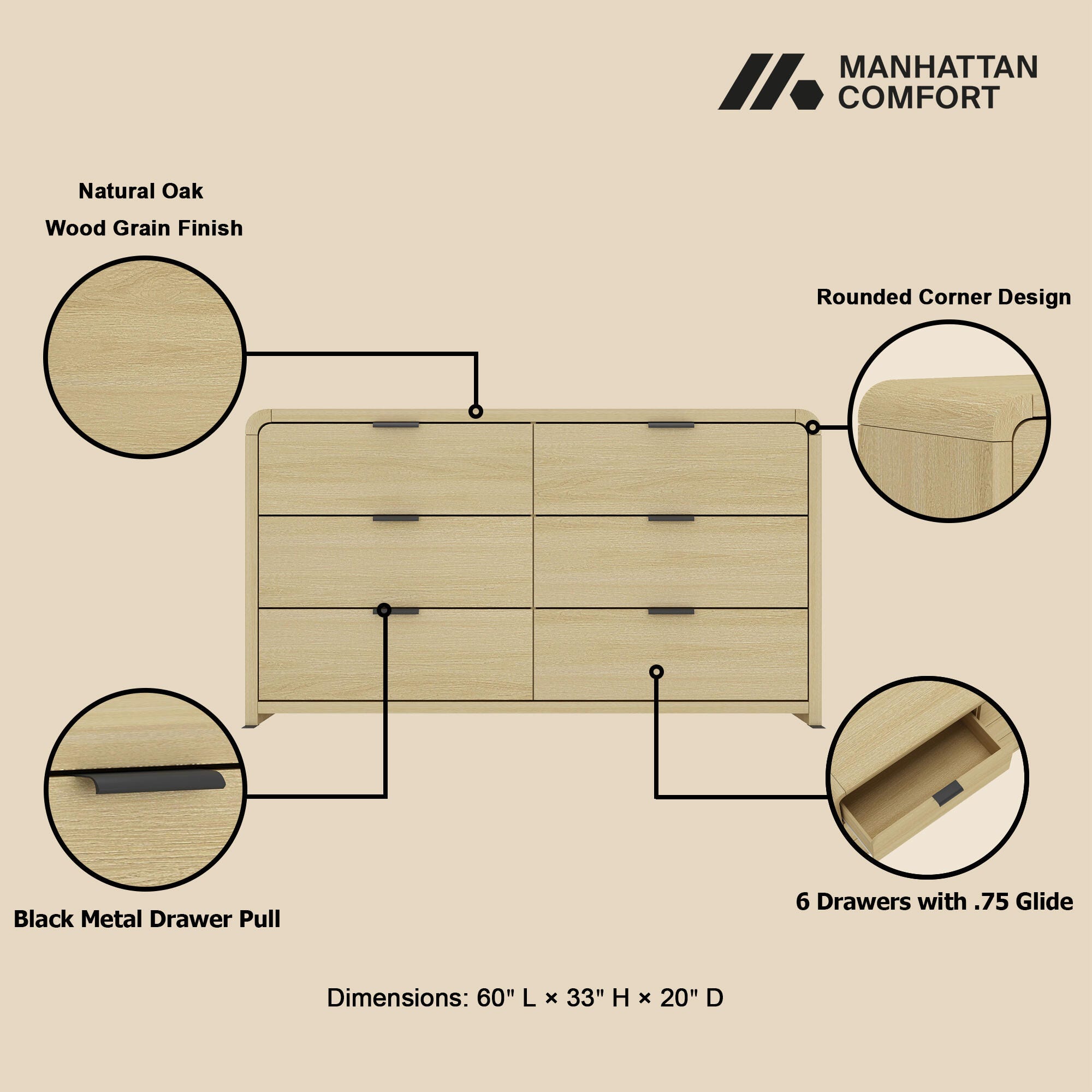 Manhattan Comfort Grace 60" 6 Drawers Double Dresser, Natural/Black, large