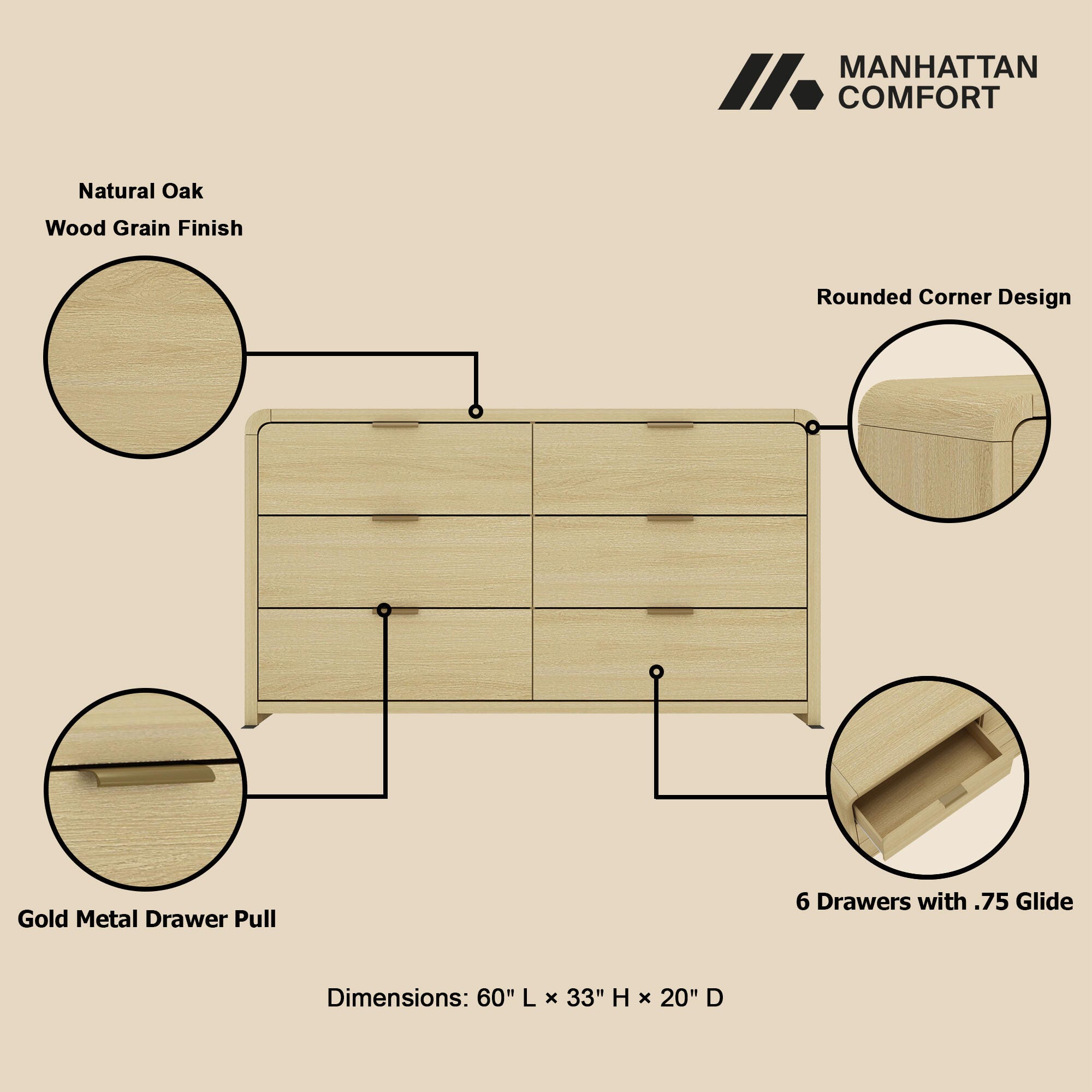 Manhattan Comfort Grace 60" 6 Drawers Double Dresser, Natural/Gold, large