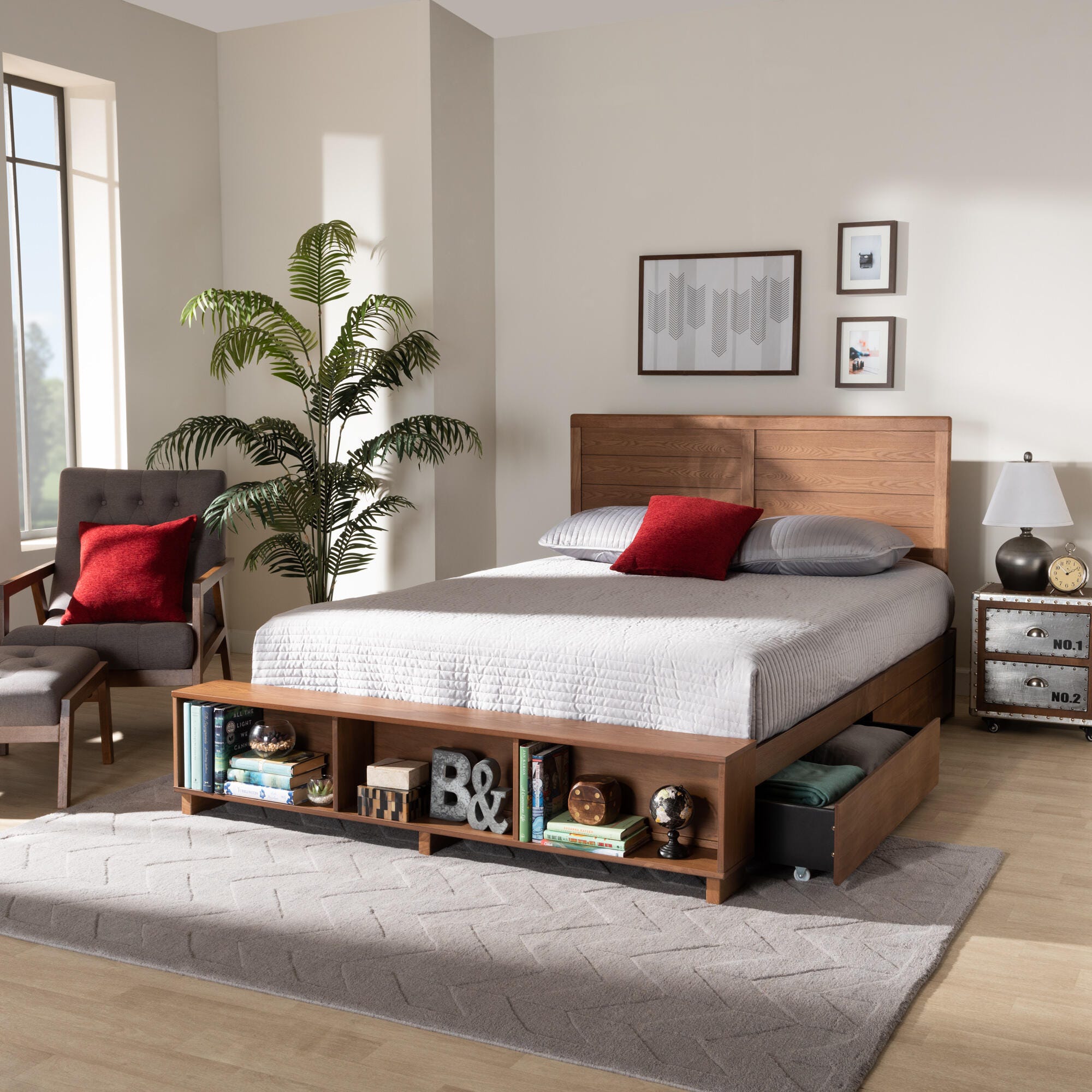 Baxton Studio Alba Full Platform Bed With Storage, Walnut, large