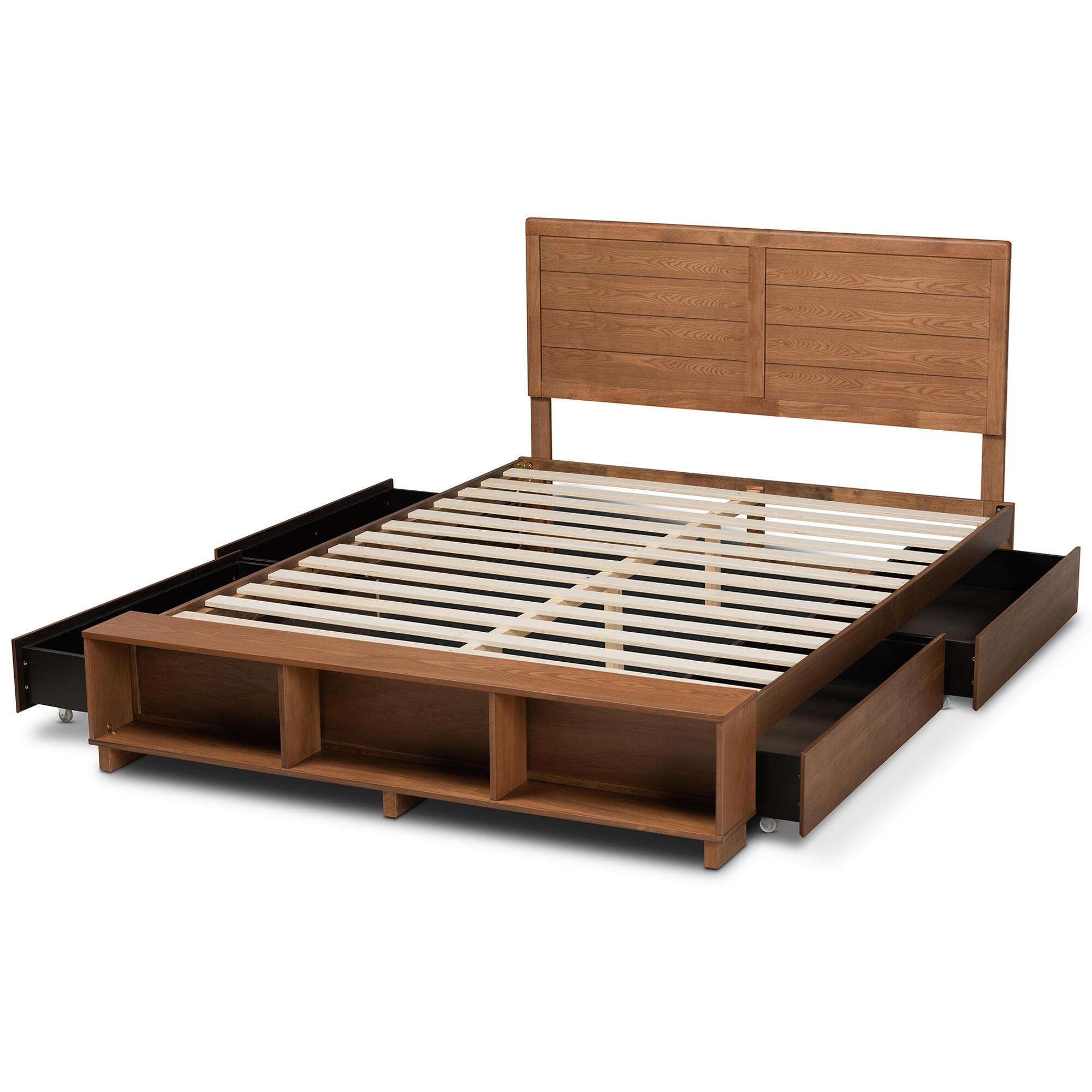 Baxton Studio Alba Full Platform Bed With Storage, Walnut, large