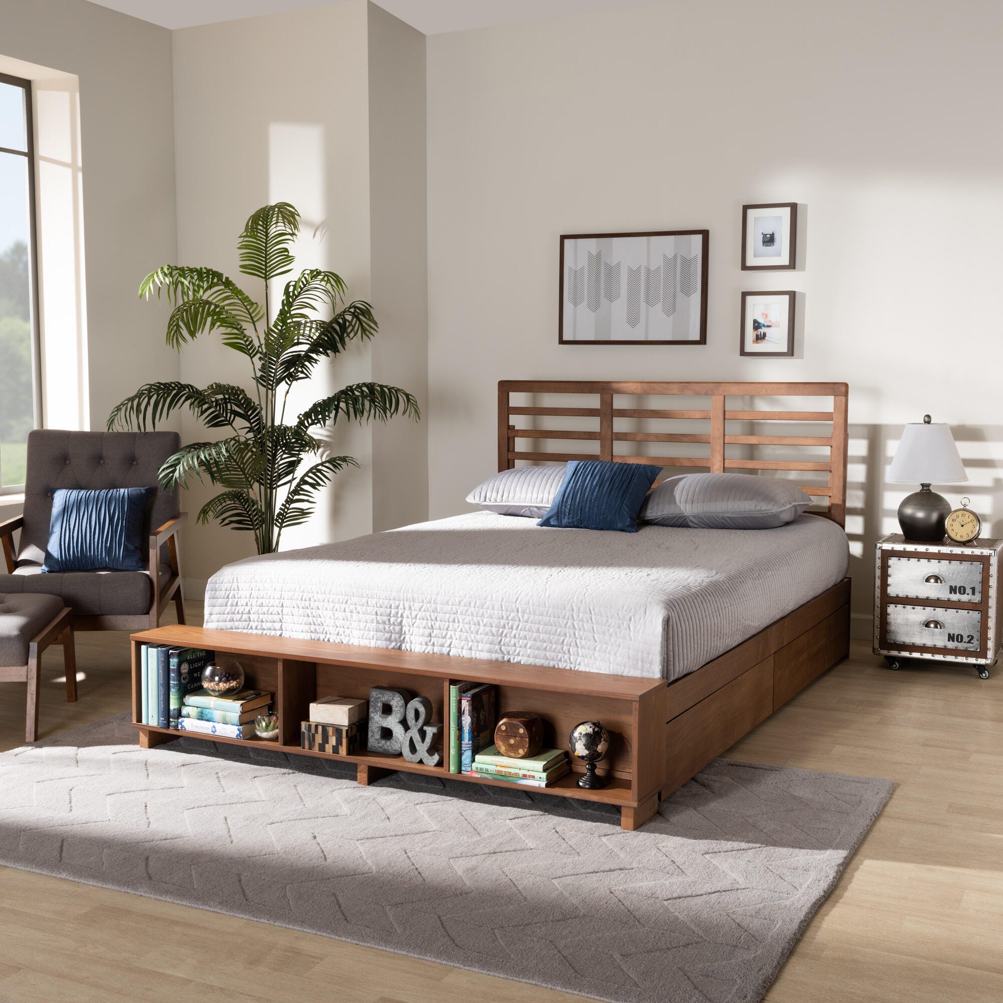 Baxton Studio Milana King Platform Bed With Storage, Walnut, large