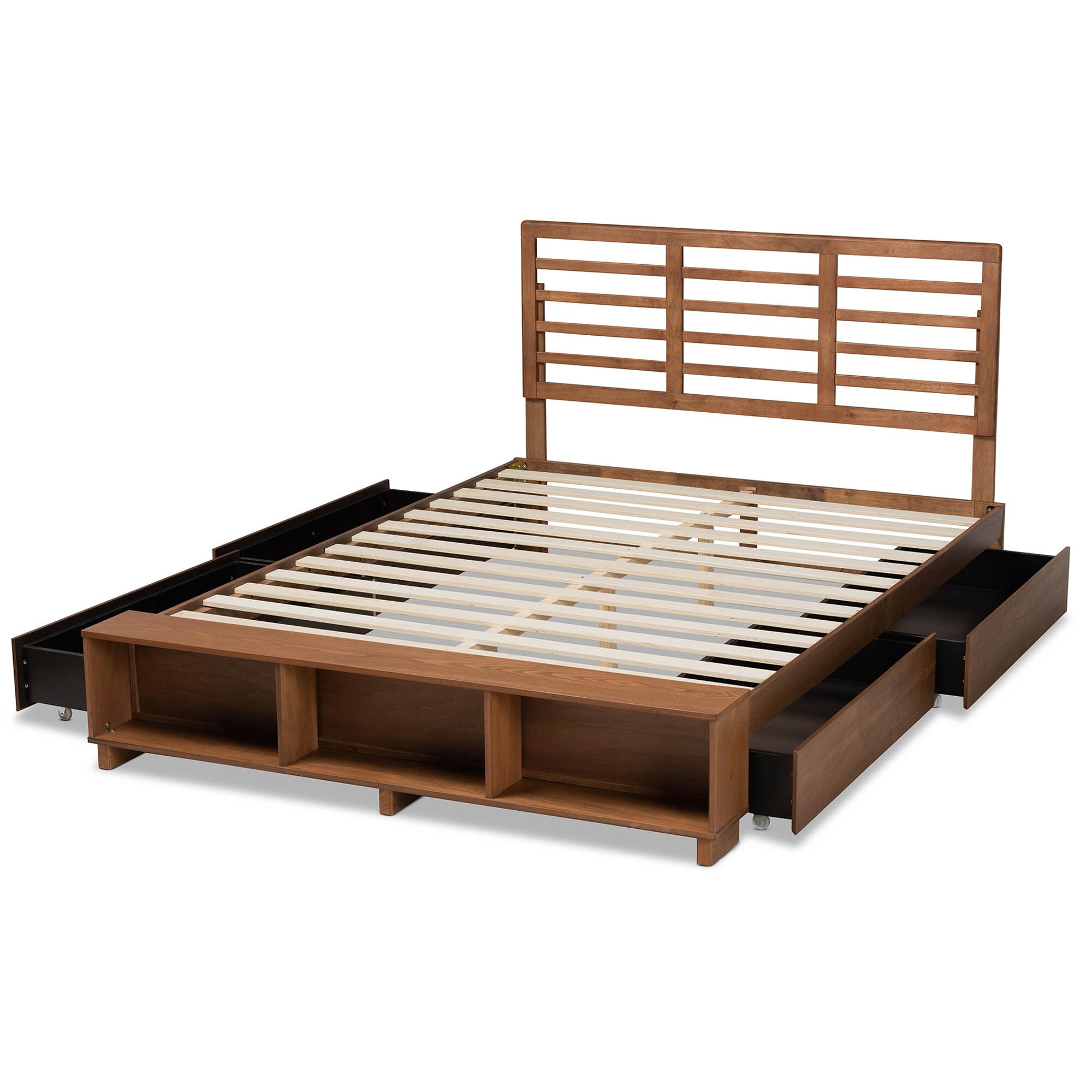 Baxton Studio Milana King Platform Bed With Storage, Walnut, large