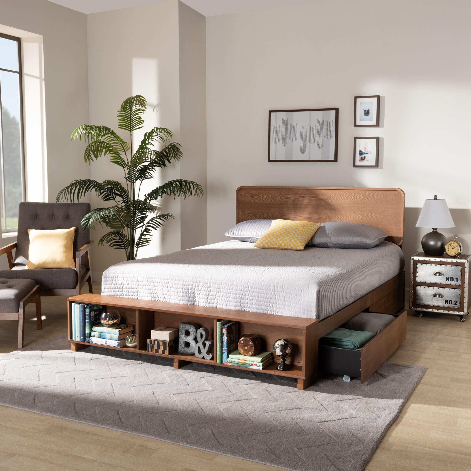 Baxton Studio Vita King Platform Bed With Storage, Walnut, rollover