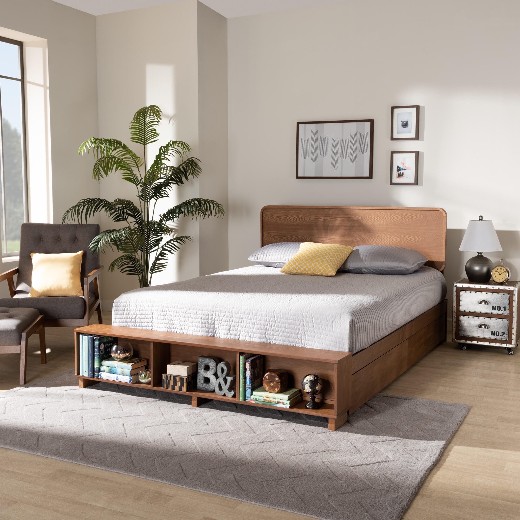 Baxton Studio Vita Queen Platform Bed With Storage, Walnut, large
