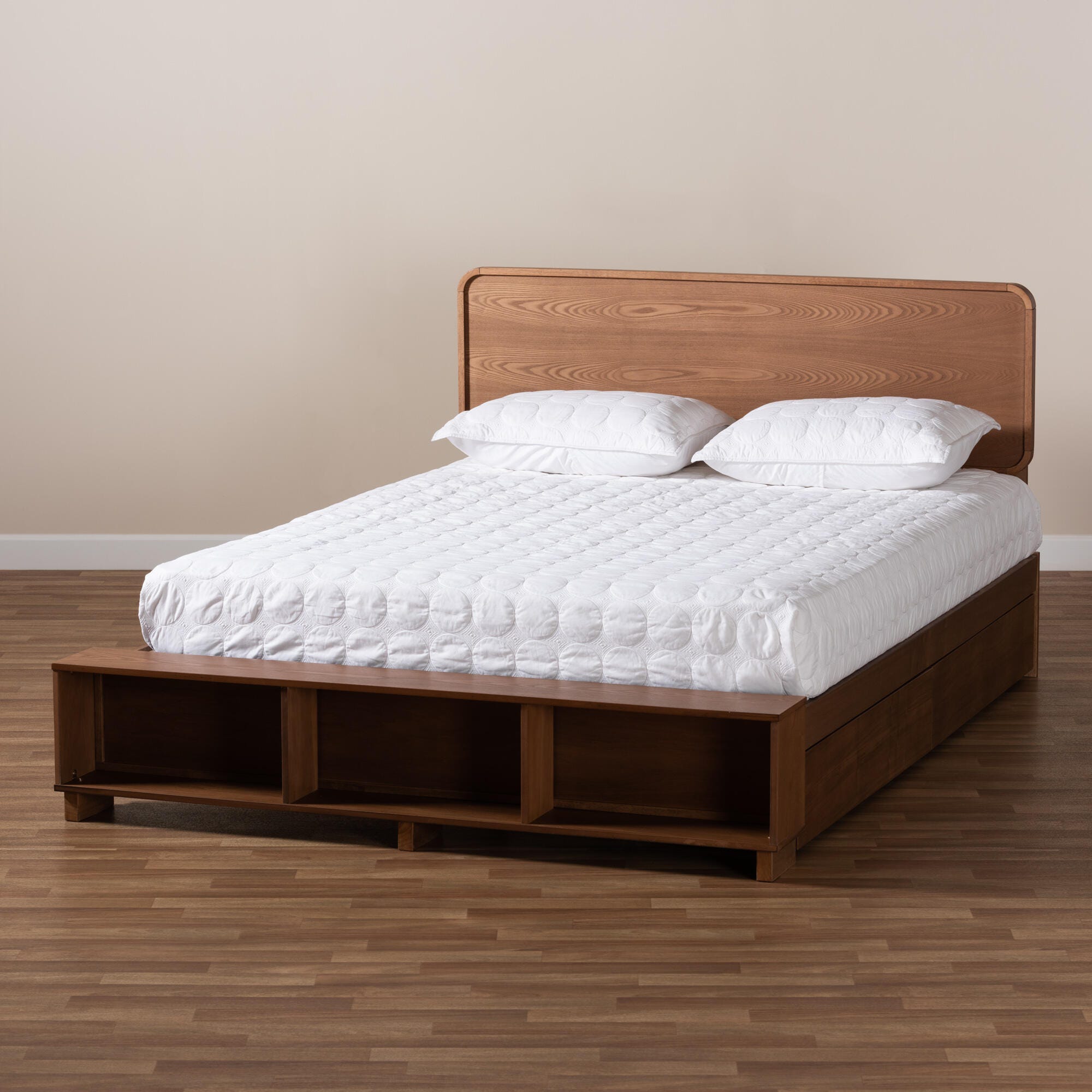 Baxton Studio Vita Queen Platform Bed With Storage, Walnut, large