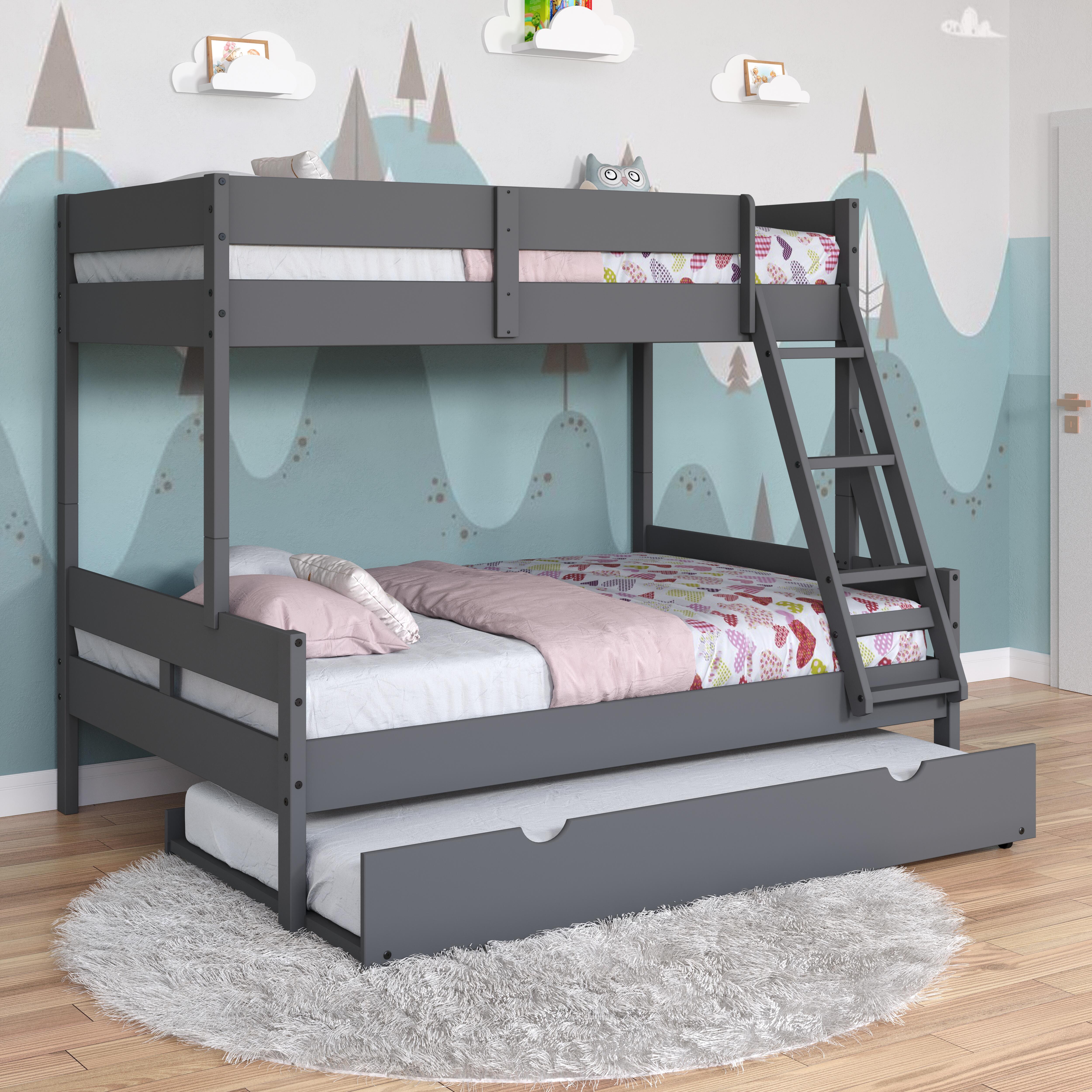Donco Kids Low Board Twin Over Full Bunkbed with Twin Trundle, Dark Gray, rollover