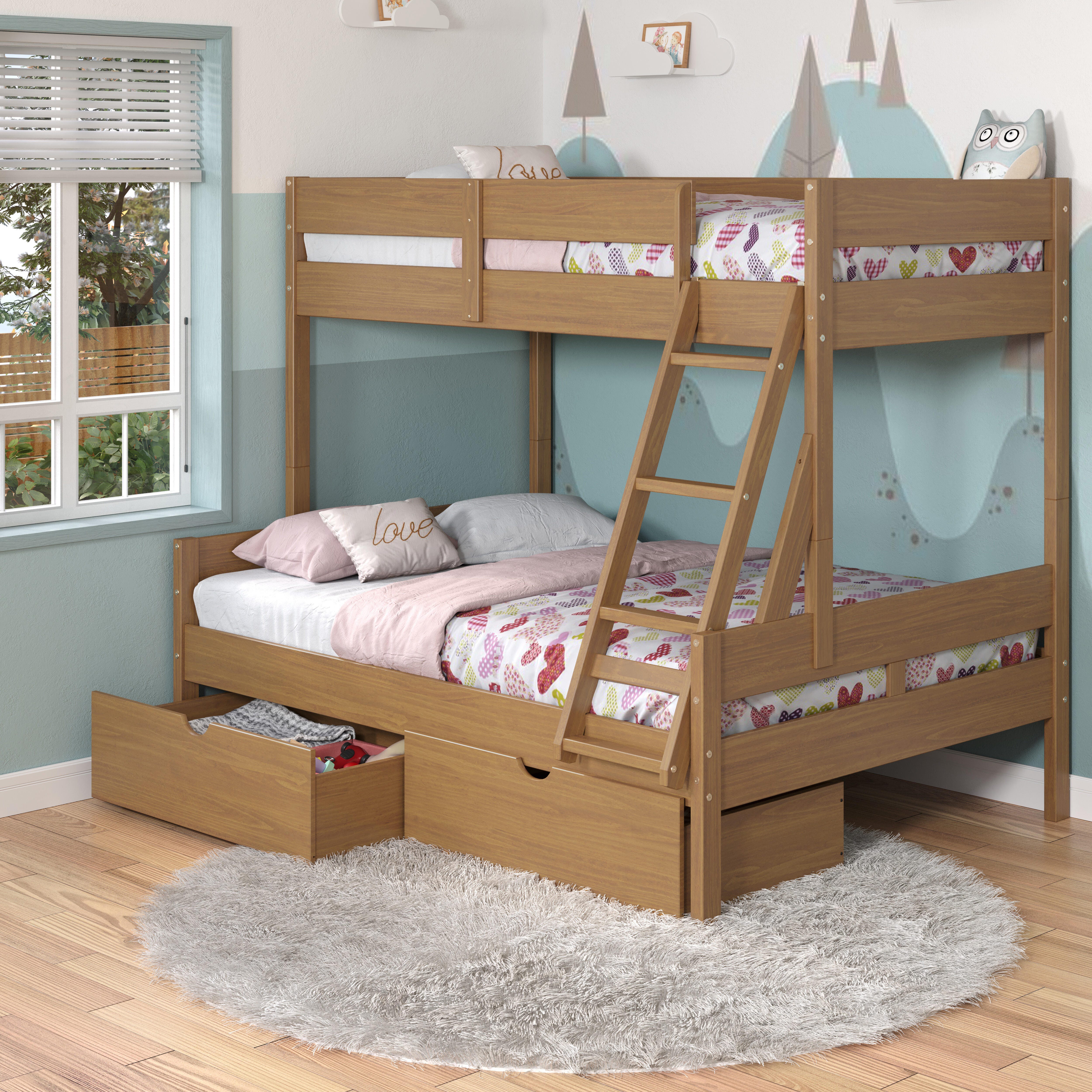 Donco Kids Low Board Twin over Full Bunkbed with 2 Storage Drawers, Urban Oak, rollover