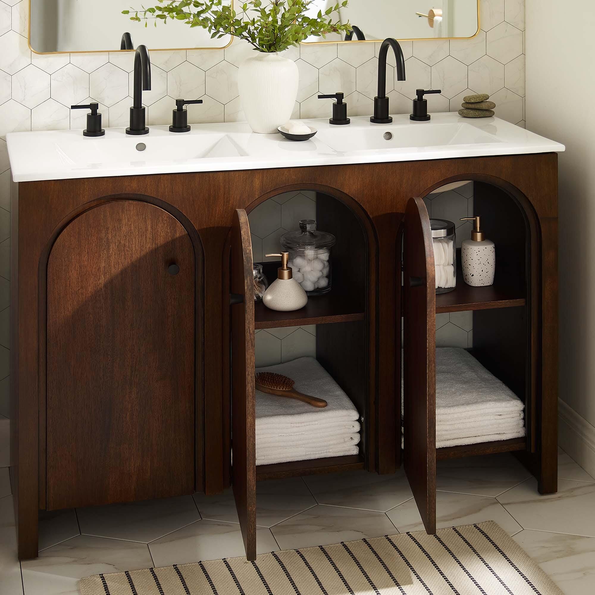 Modway Appia 48" Double Sink Bathroom Vanity, Walnut/White, large