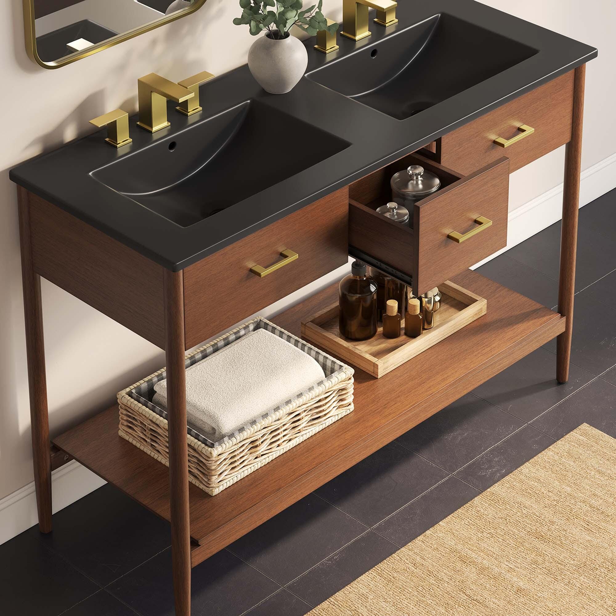 Modway Zaire 48" Double Sink Bathroom Vanity, Walnut/Black, large