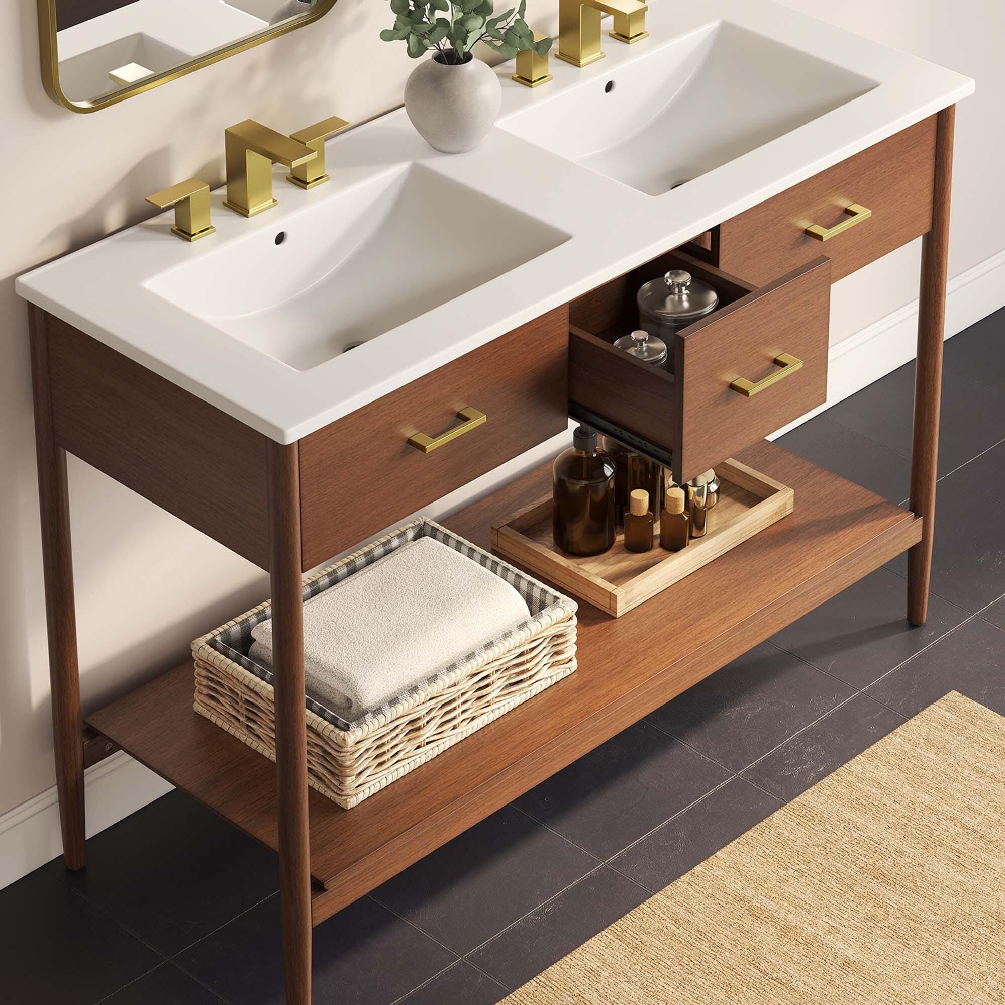 Modway Zaire 48" Double Sink Bathroom Vanity, Walnut/White, large