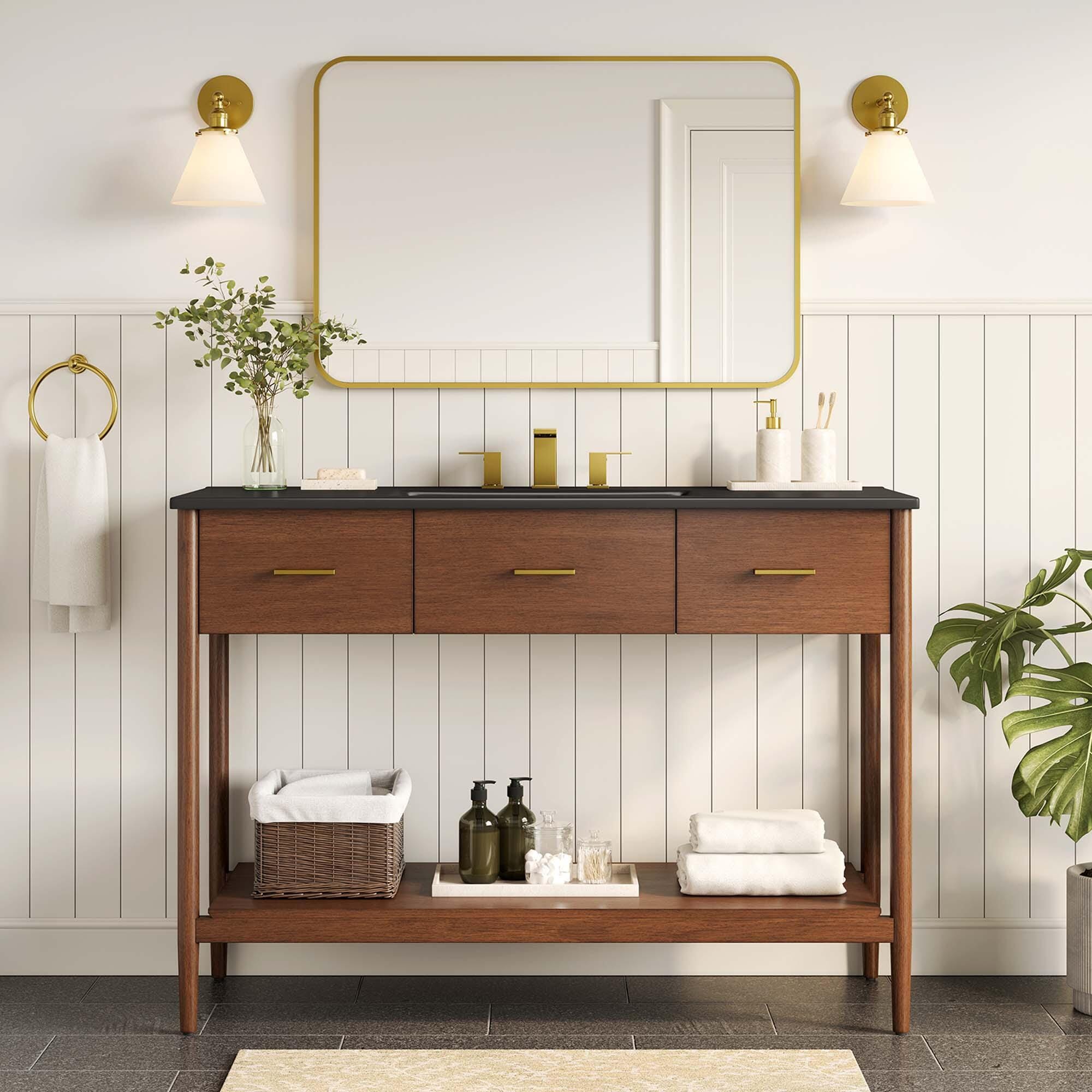 Modway Zaire 48" Single Sink Bathroom Vanity, Walnut/Black, rollover