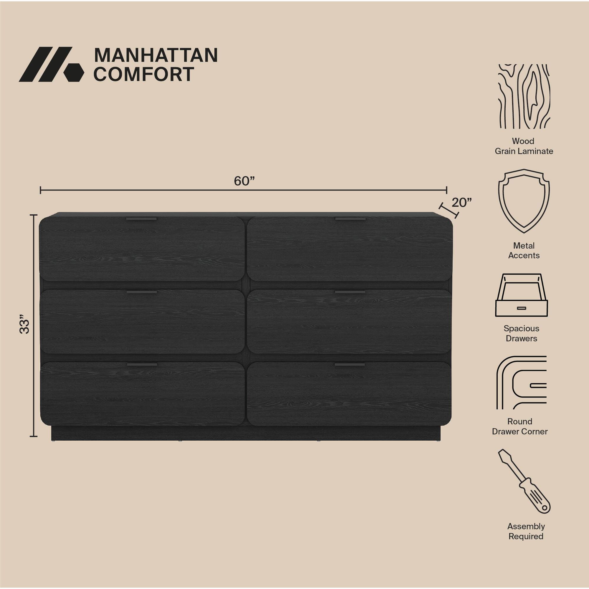 Manhattan Comfort Chrystie 6 Drawer Dresser, Black, large