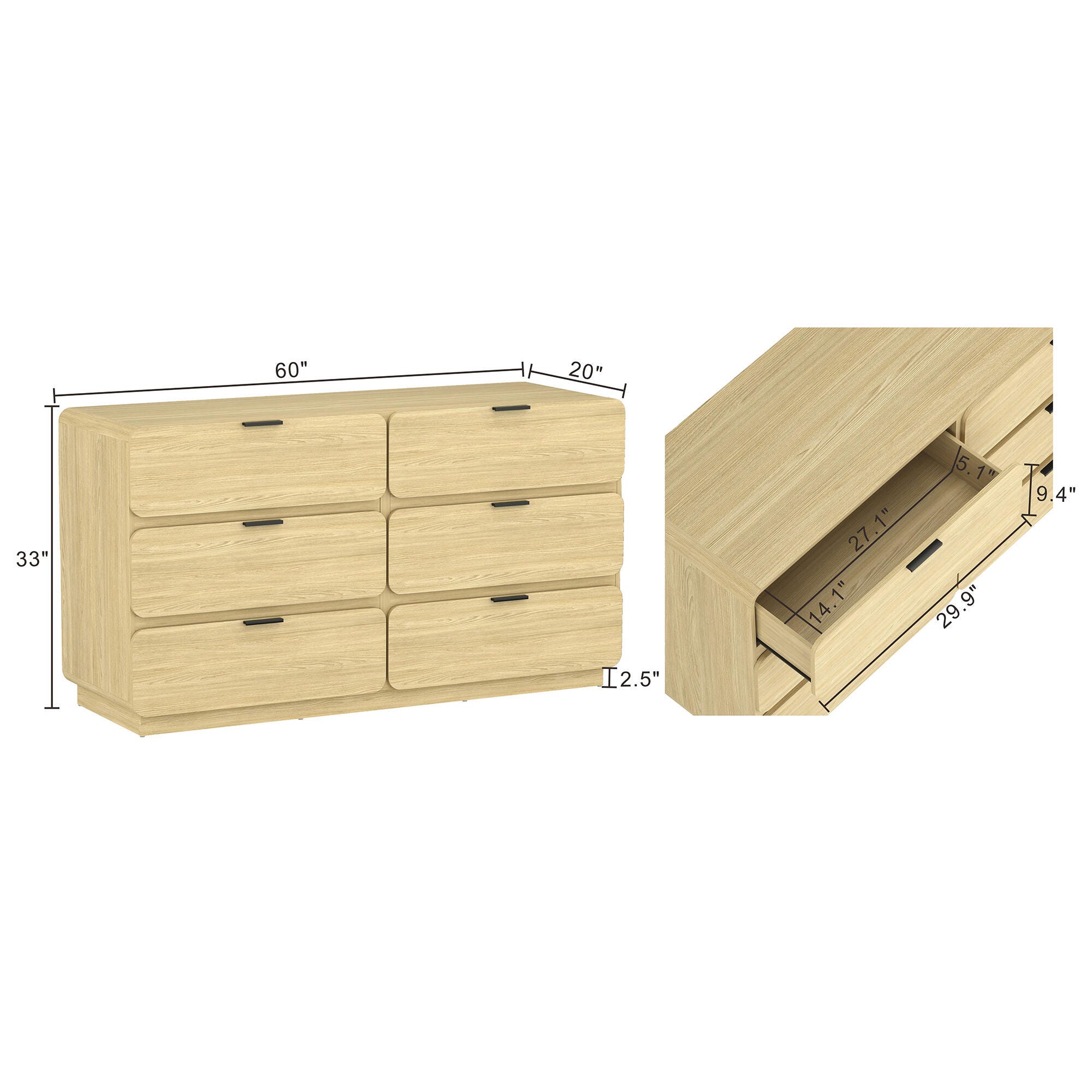 Manhattan Comfort Chrystie 6 Drawer Dresser, Natural, large