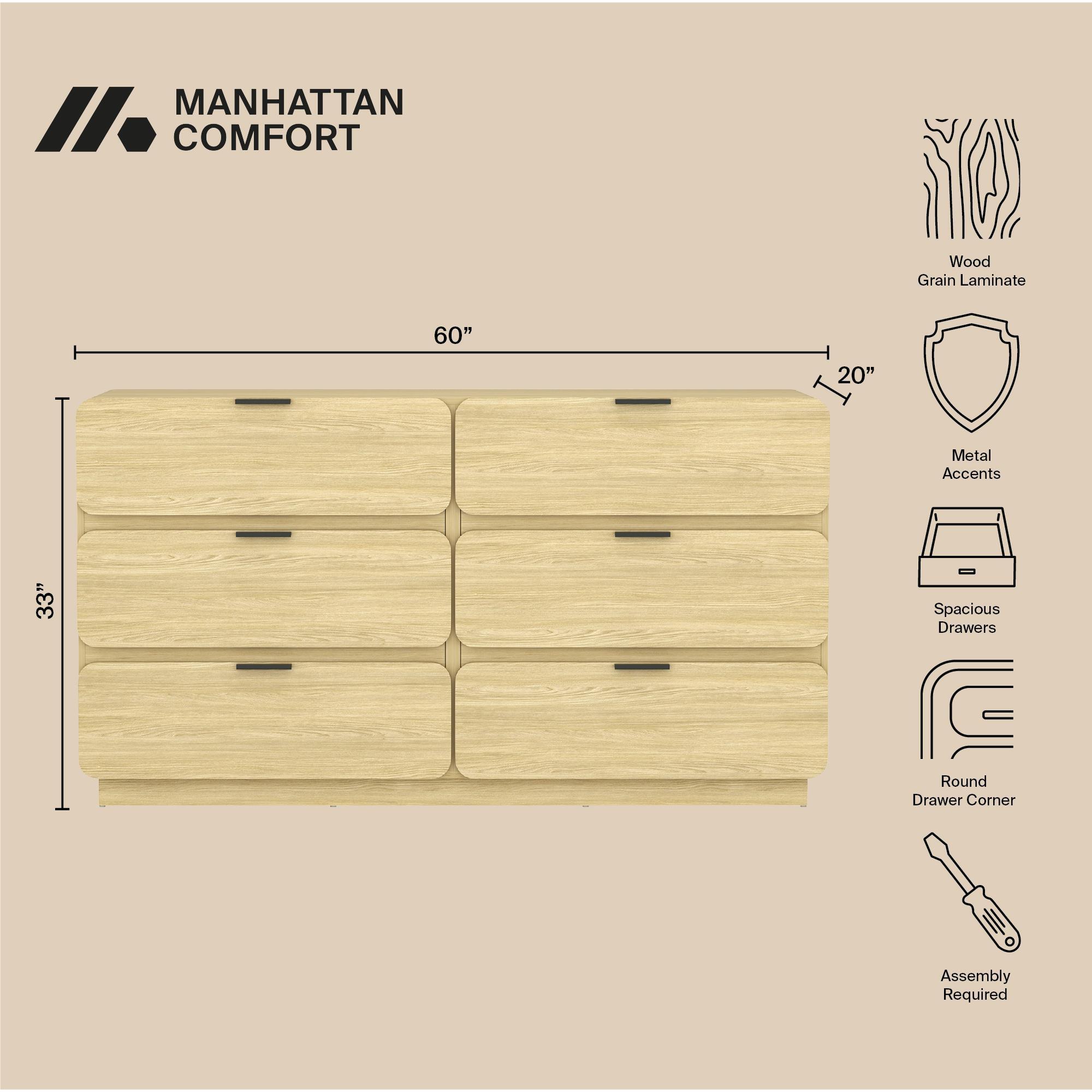 Manhattan Comfort Chrystie 6 Drawer Dresser, Natural, large