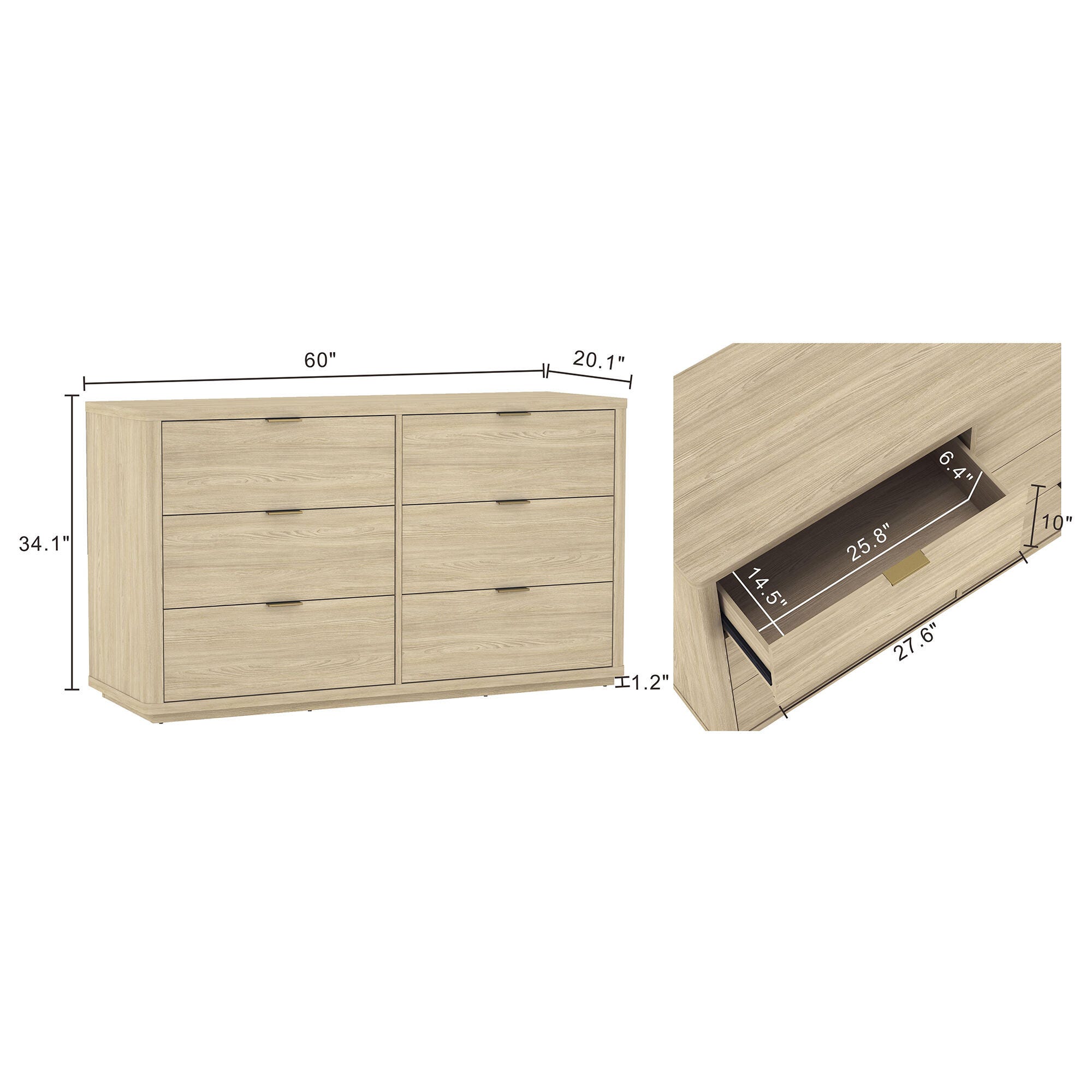 Manhattan Comfort Evalyn 6 Drawer Dresser, Natural, large