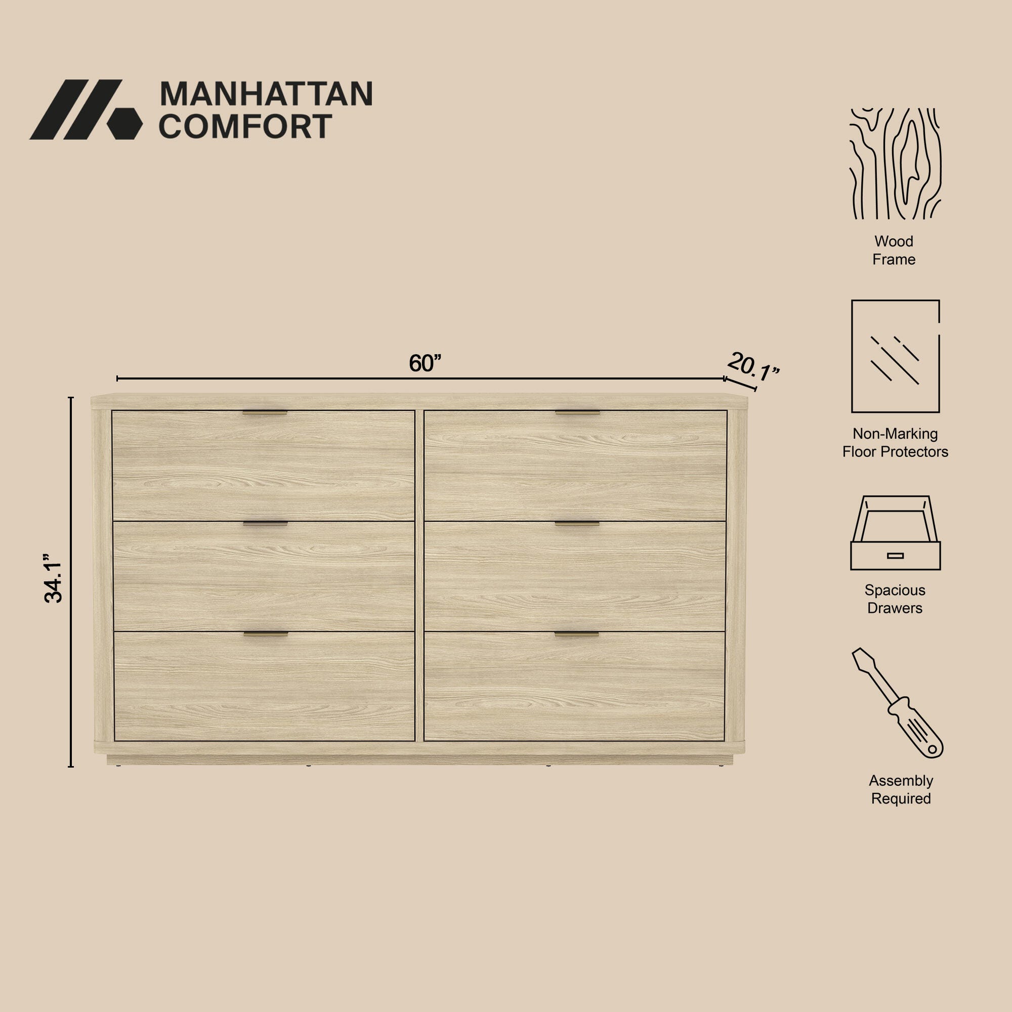 Manhattan Comfort Evalyn 6 Drawer Dresser, Natural, large