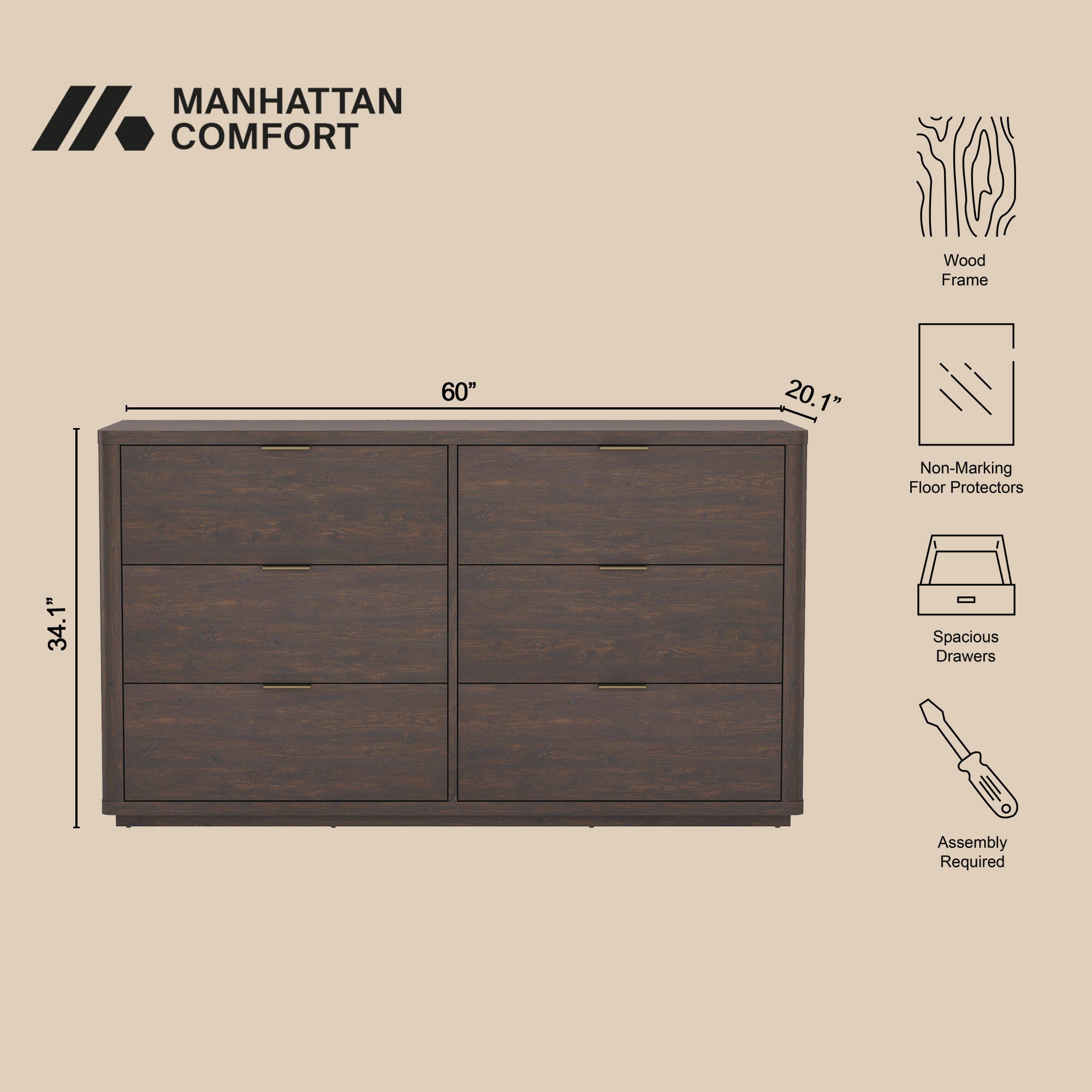 Manhattan Comfort Evalyn 6 Drawer Dresser, Brown, large