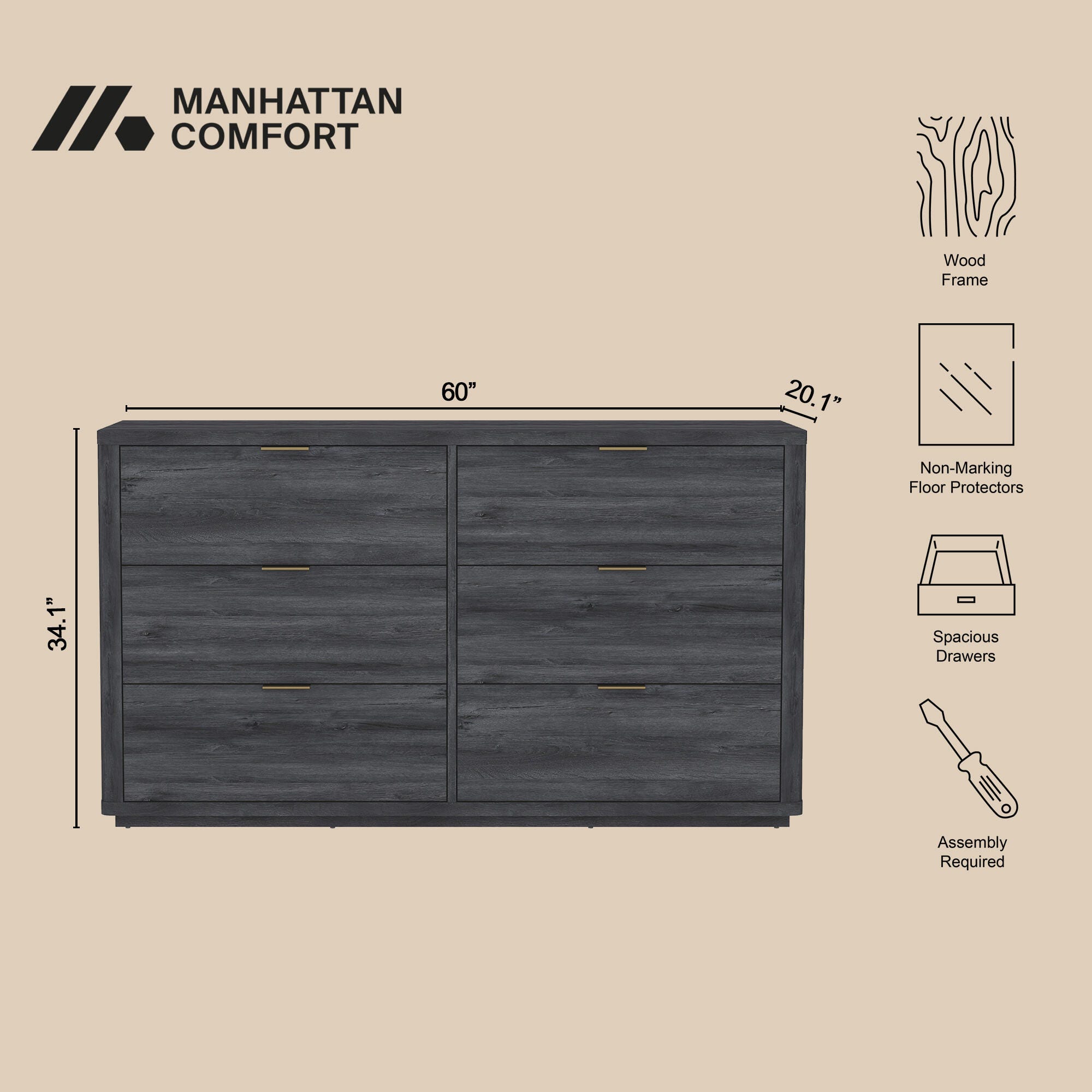 Manhattan Comfort Evalyn 6 Drawer Dresser, Charcoal Gray, large