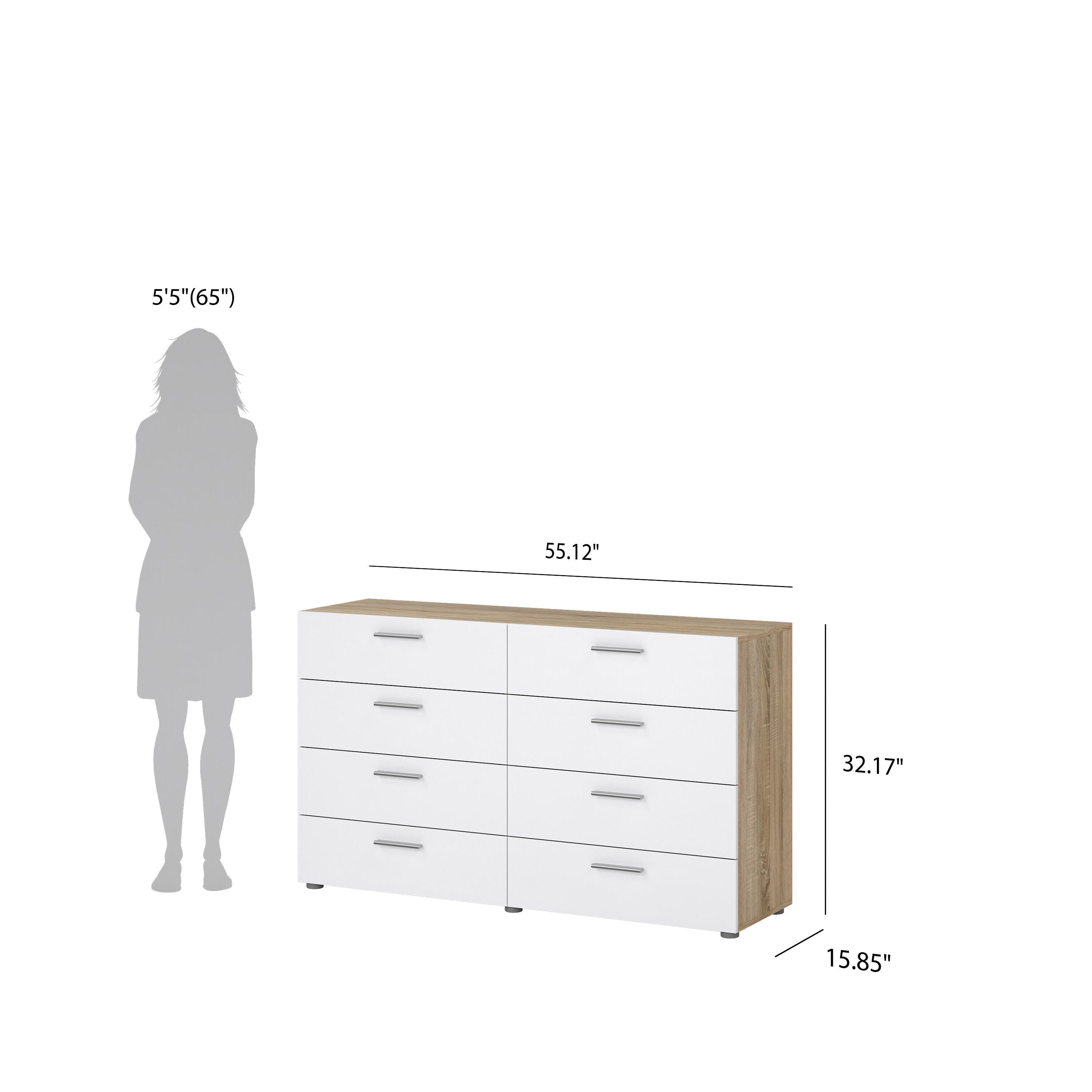 Tvilum Austin 55" 8 Drawer Double Dresser, Oak/White, large