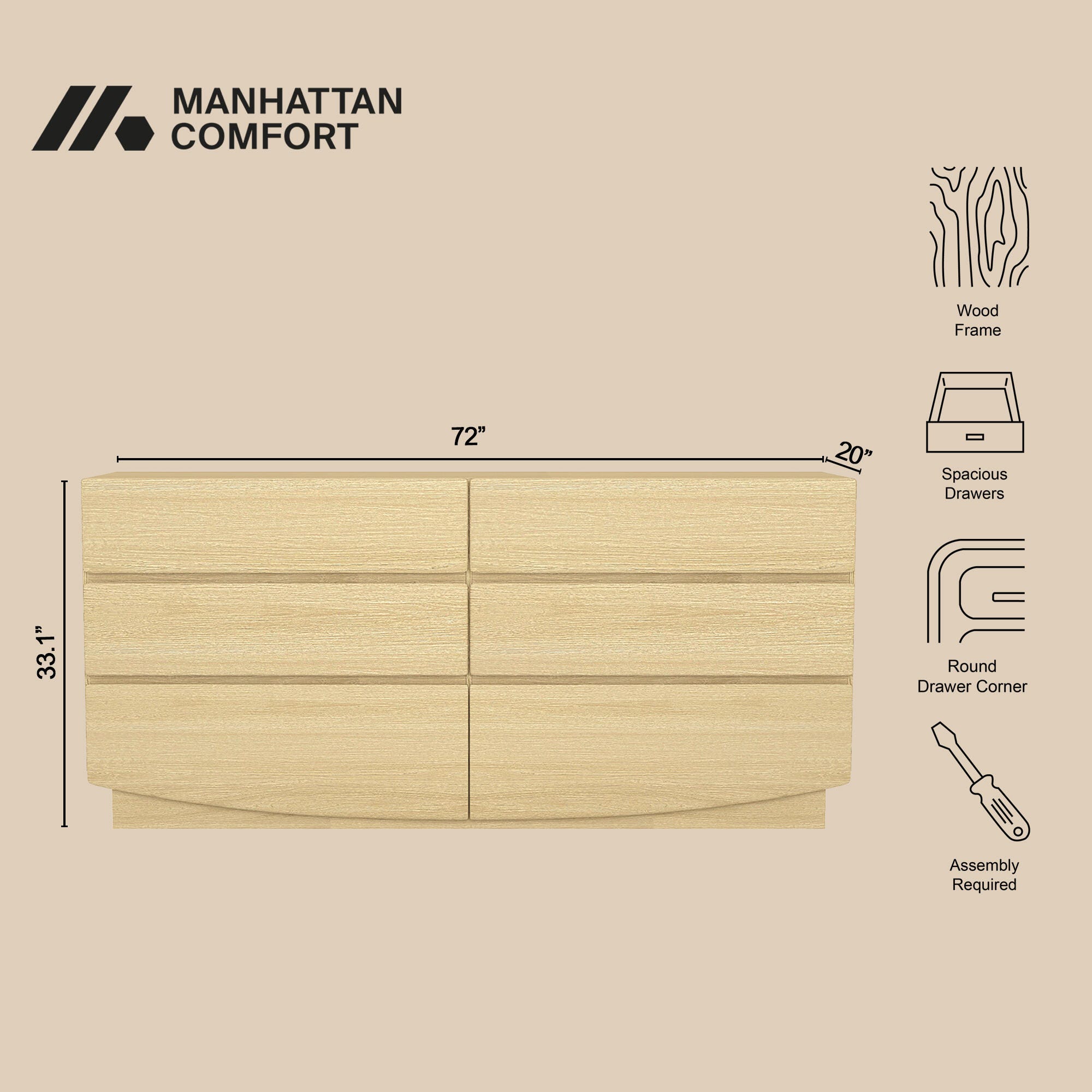 Manhattan Comfort Ardea 6 Drawer Double Dresser, Natural Oak, large