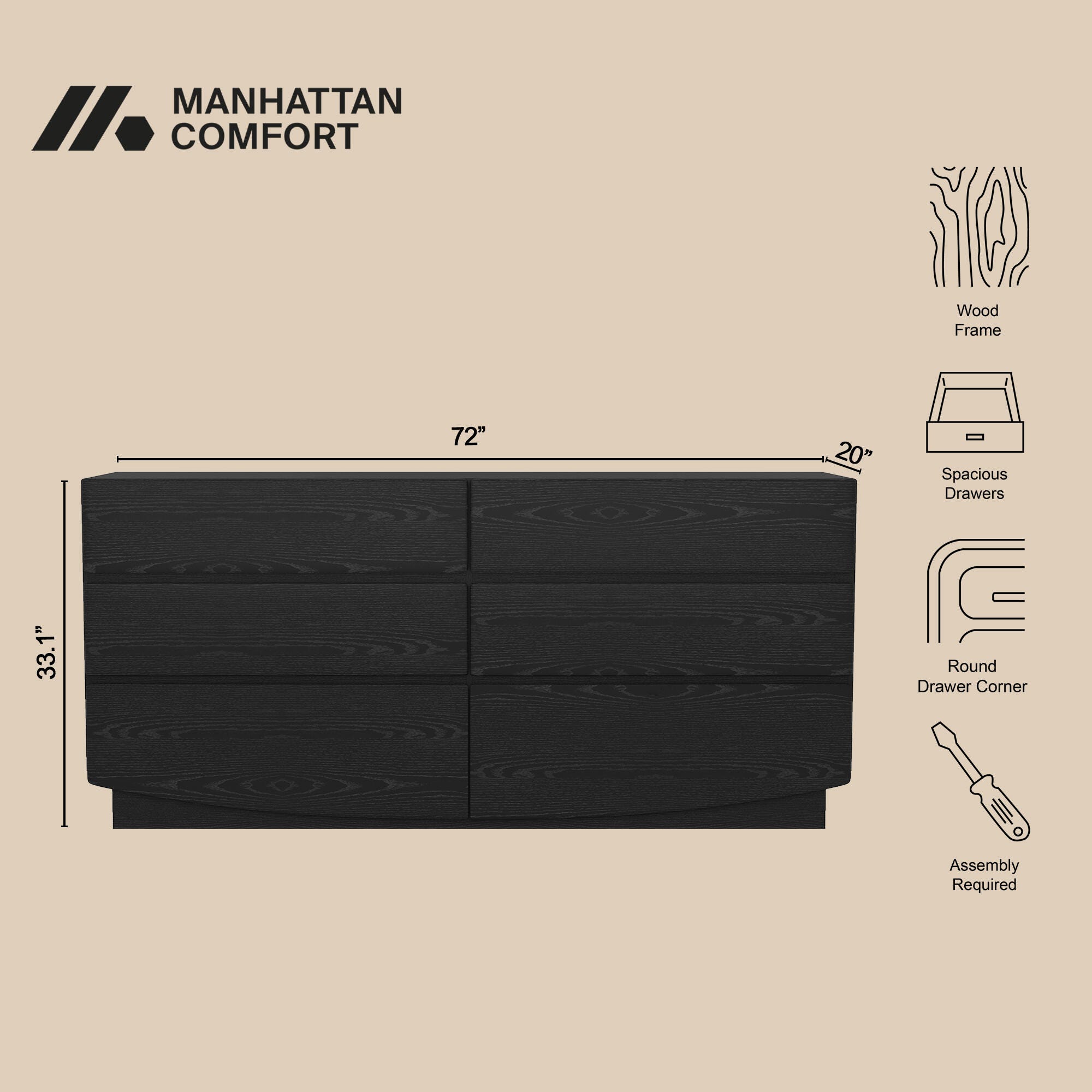 Manhattan Comfort Ardea 6 Drawer Double Dresser, Black, large