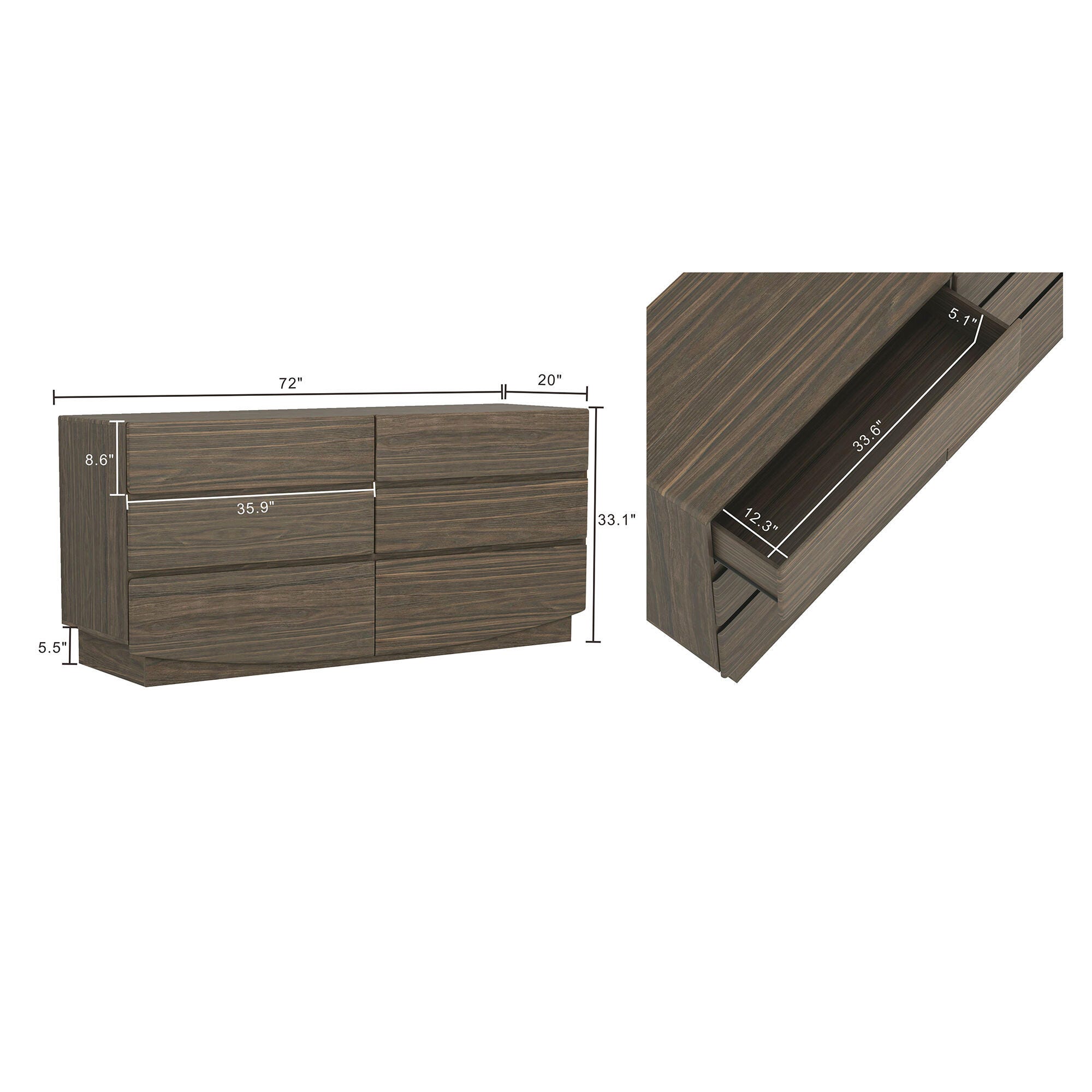 Manhattan Comfort Ardea 6 Drawer Double Dresser, Walnut, large