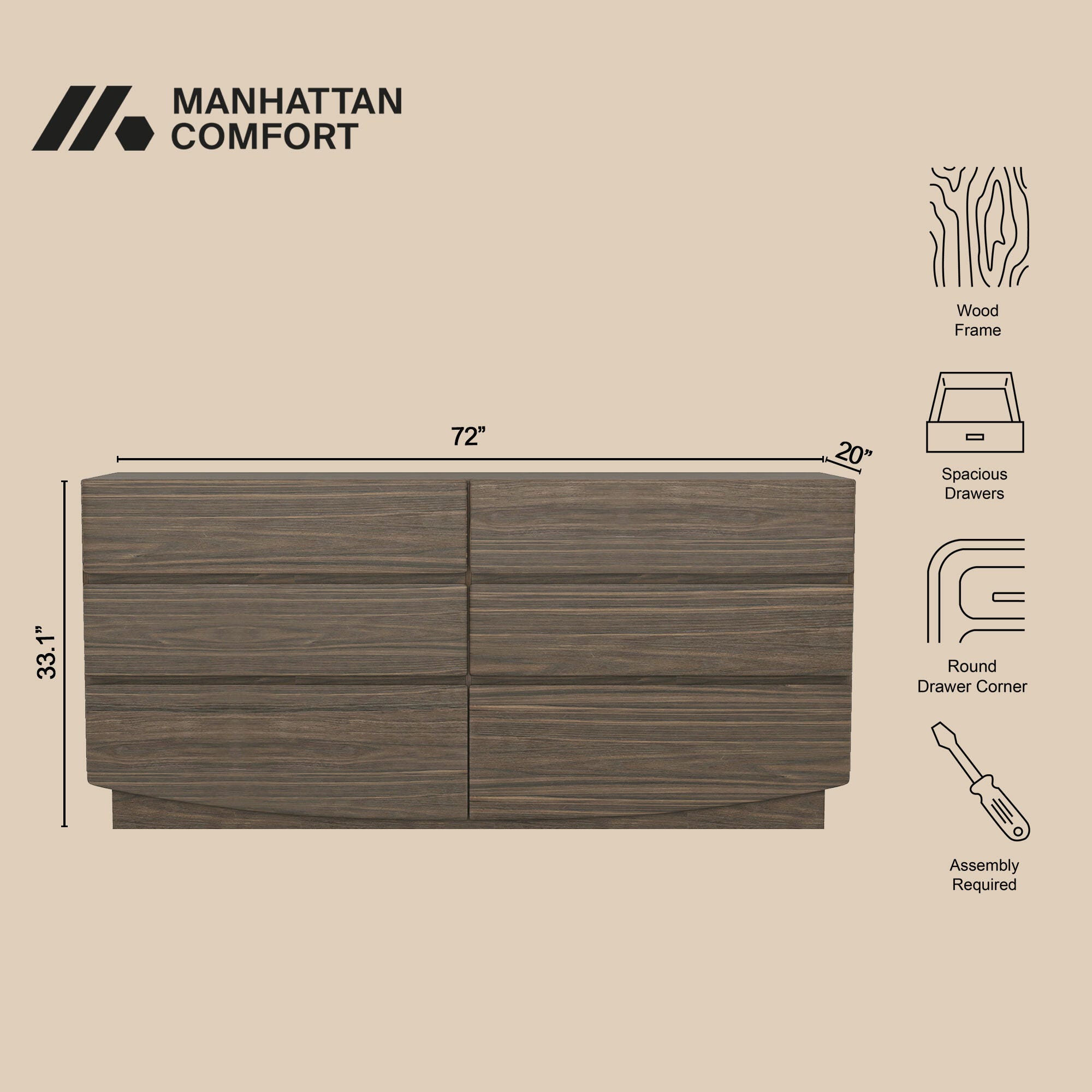 Manhattan Comfort Ardea 6 Drawer Double Dresser, Walnut, large