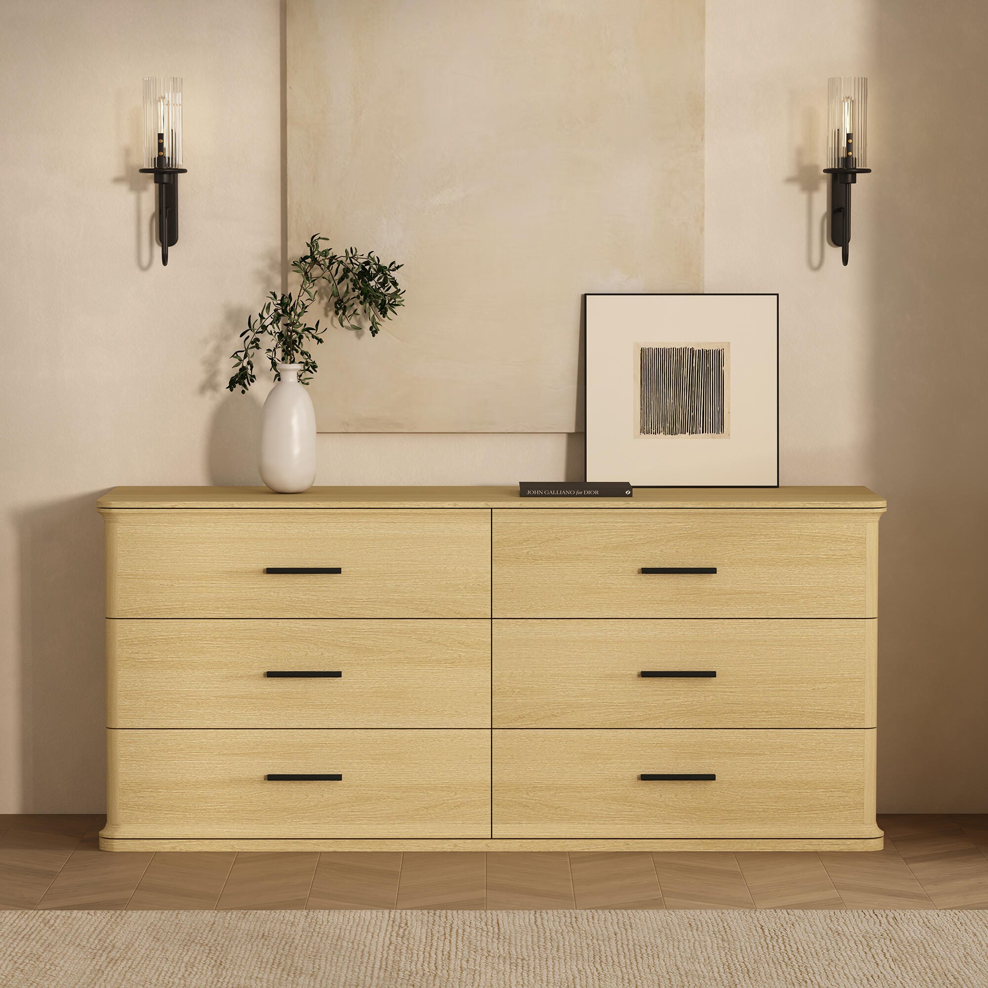 Manhattan Comfort Clifford 6 Drawer Double Dresser, Natural Oak/Black, rollover