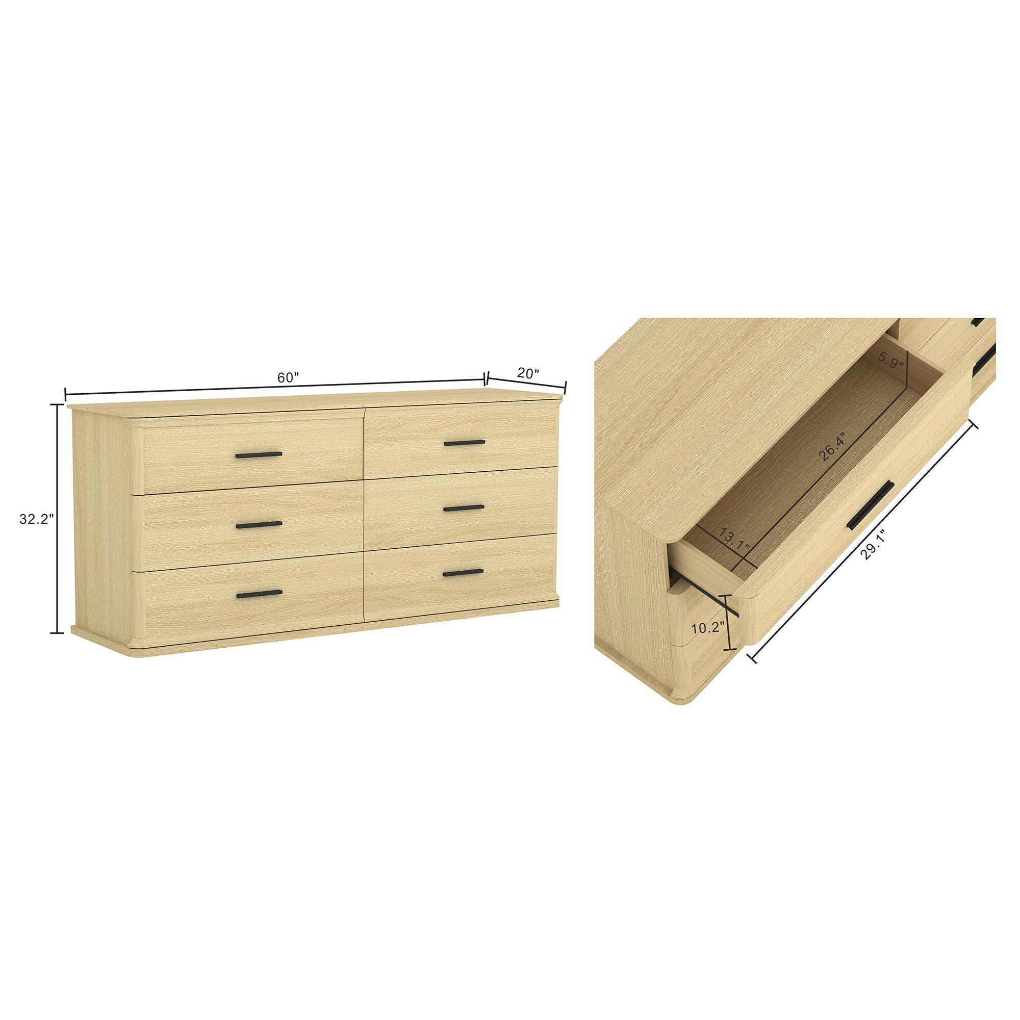 Manhattan Comfort Clifford 6 Drawer Double Dresser, Natural Oak/Black, large