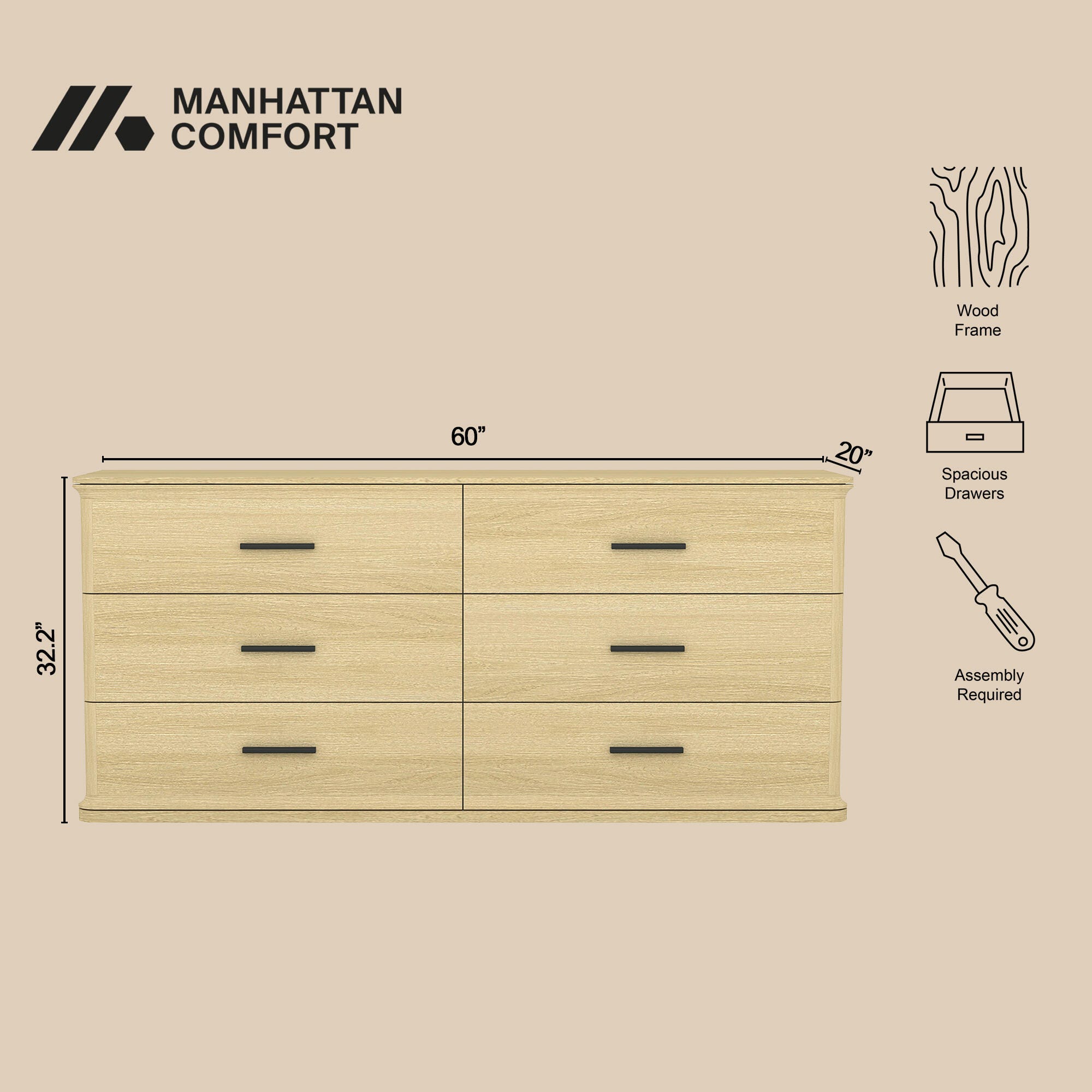Manhattan Comfort Clifford 6 Drawer Double Dresser, Natural Oak/Black, large