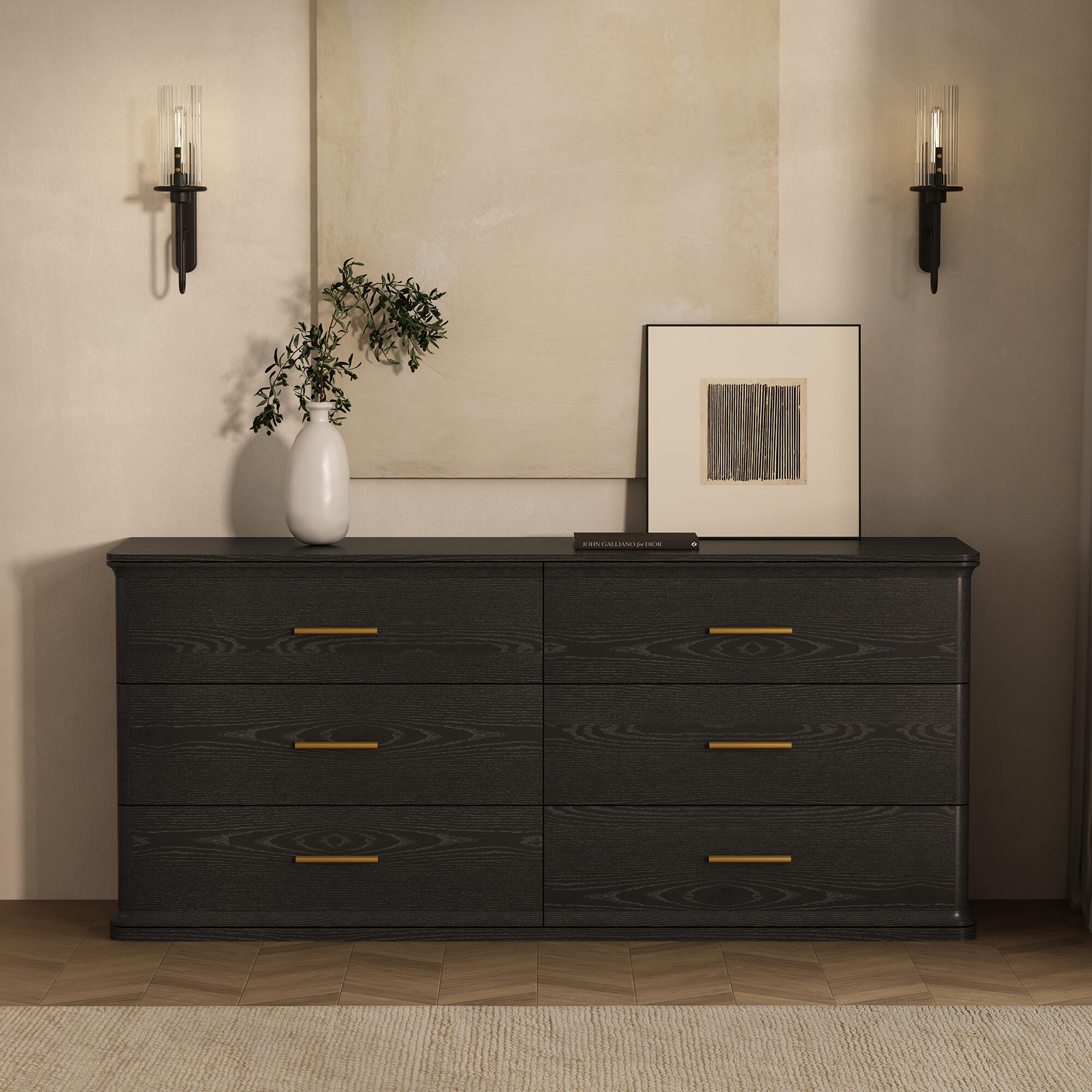 Manhattan Comfort Clifford 6 Drawer Double Dresser, Black/Gold, rollover
