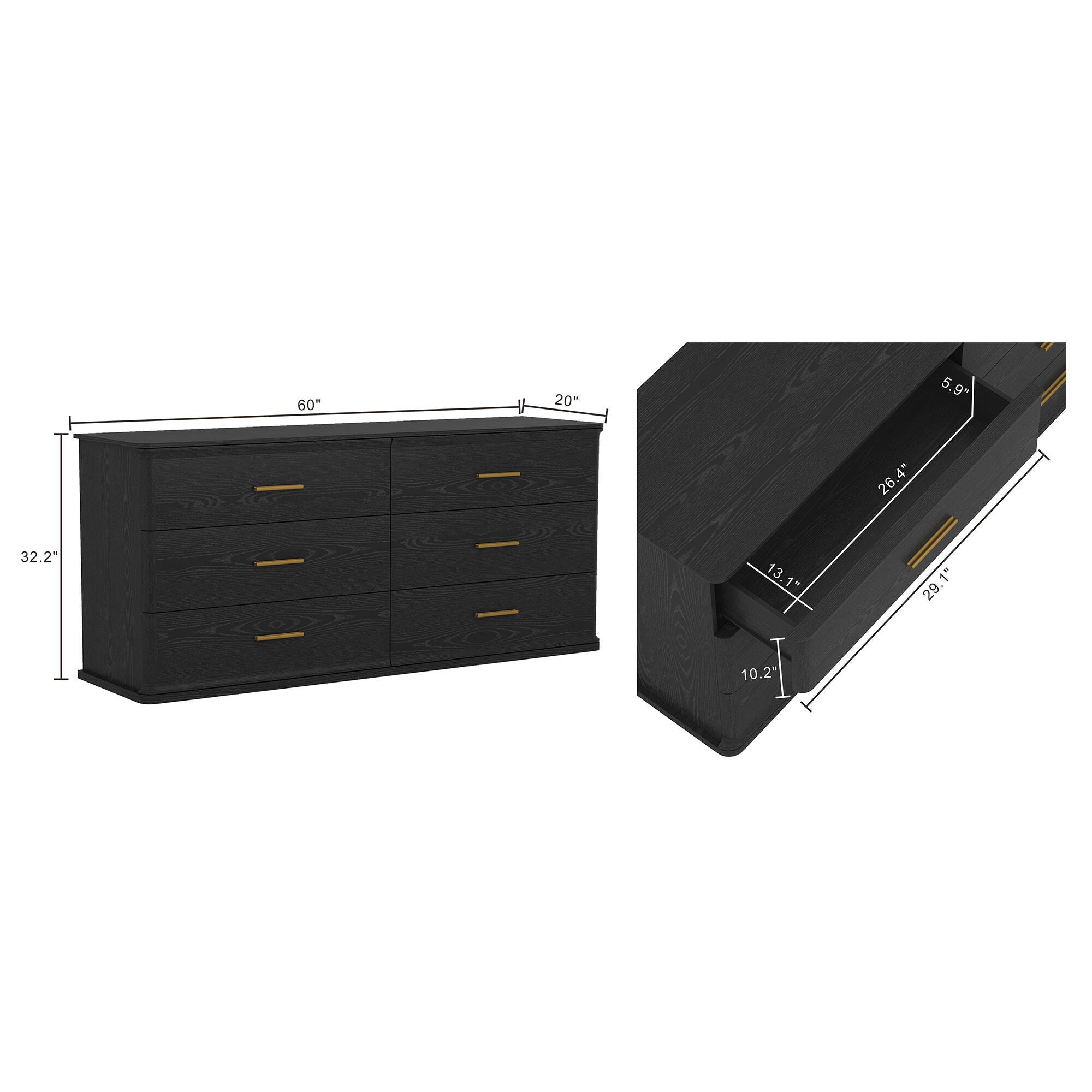 Manhattan Comfort Clifford 6 Drawer Double Dresser, Black/Gold, large