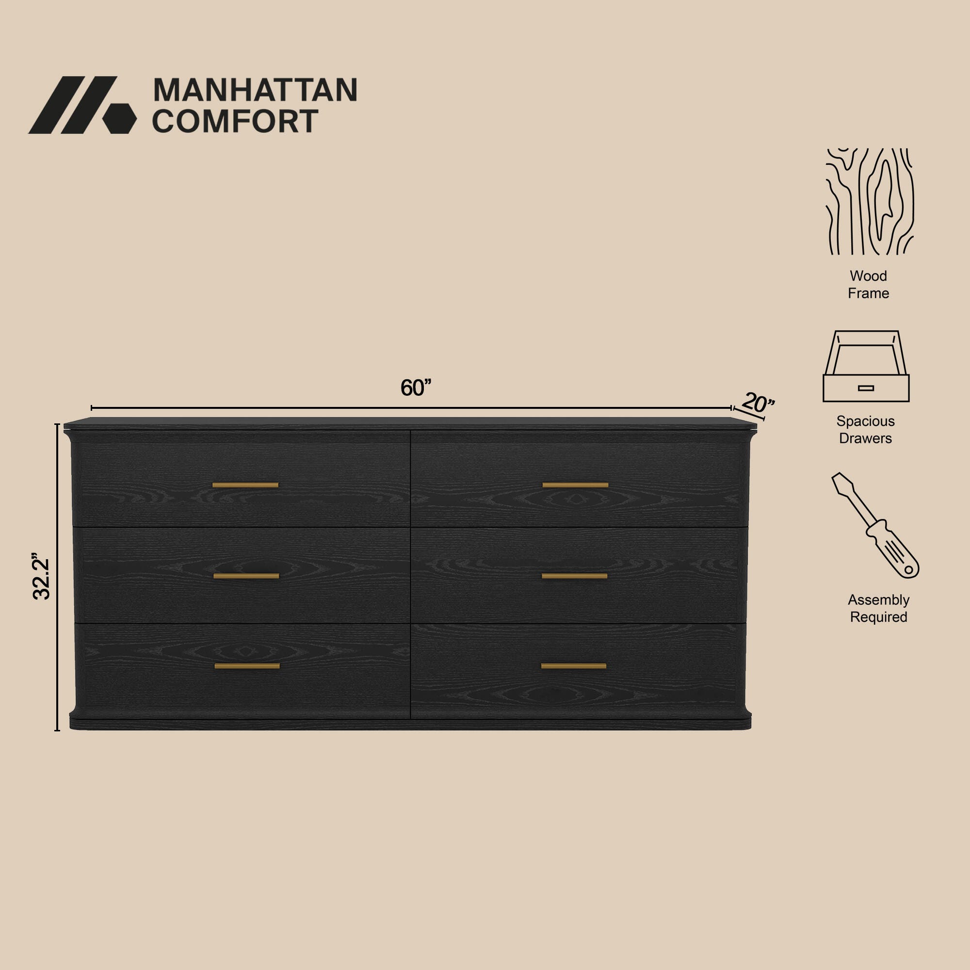 Manhattan Comfort Clifford 6 Drawer Double Dresser, Black/Gold, large